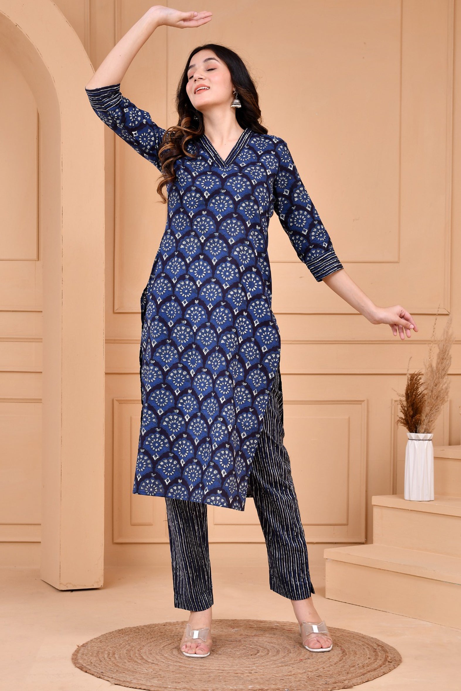 Blue Dabu Hand Block Printed Cotton Kurta Pants Set