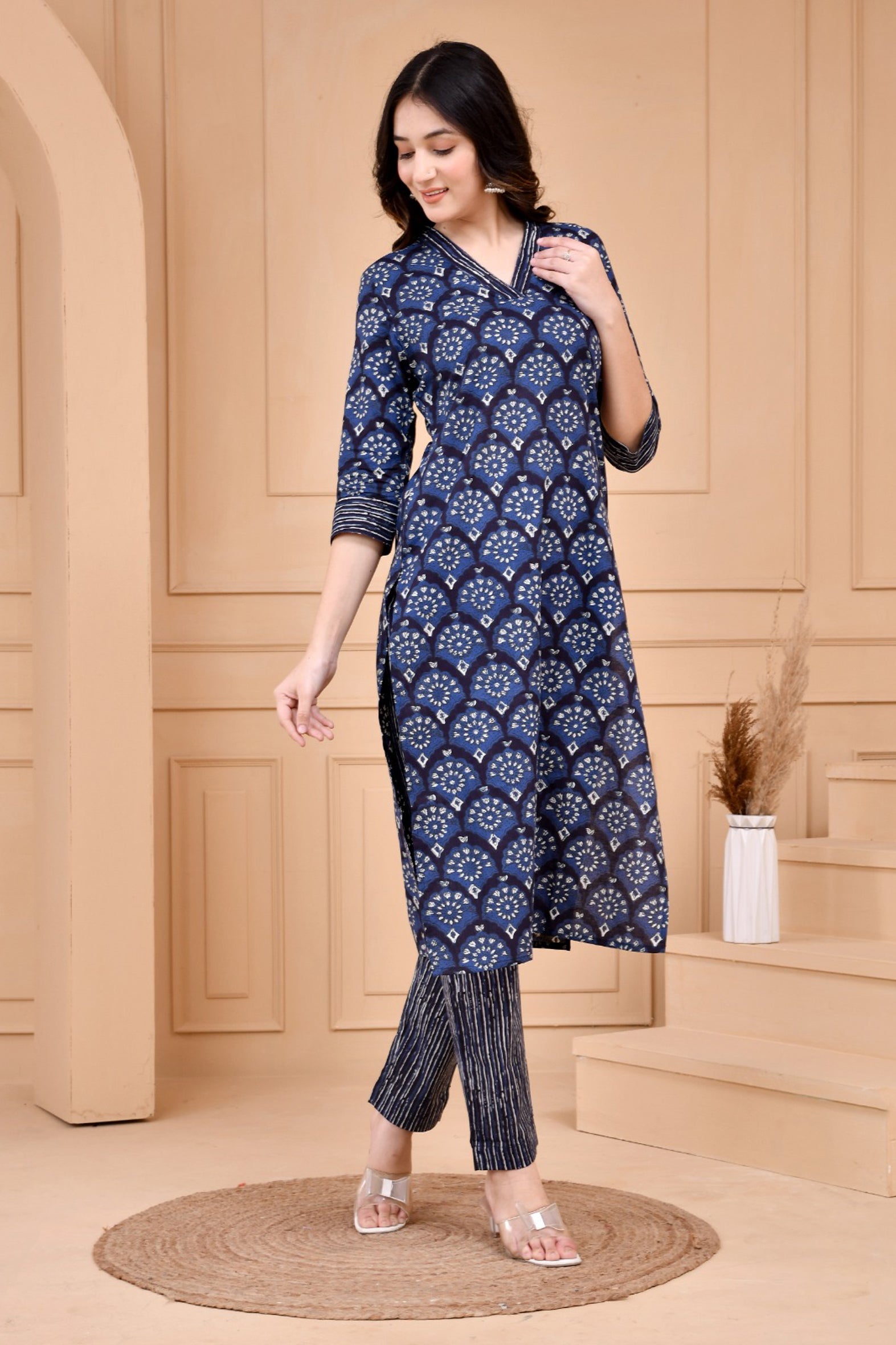 Blue Dabu Hand Block Printed Cotton Kurta Pants Set