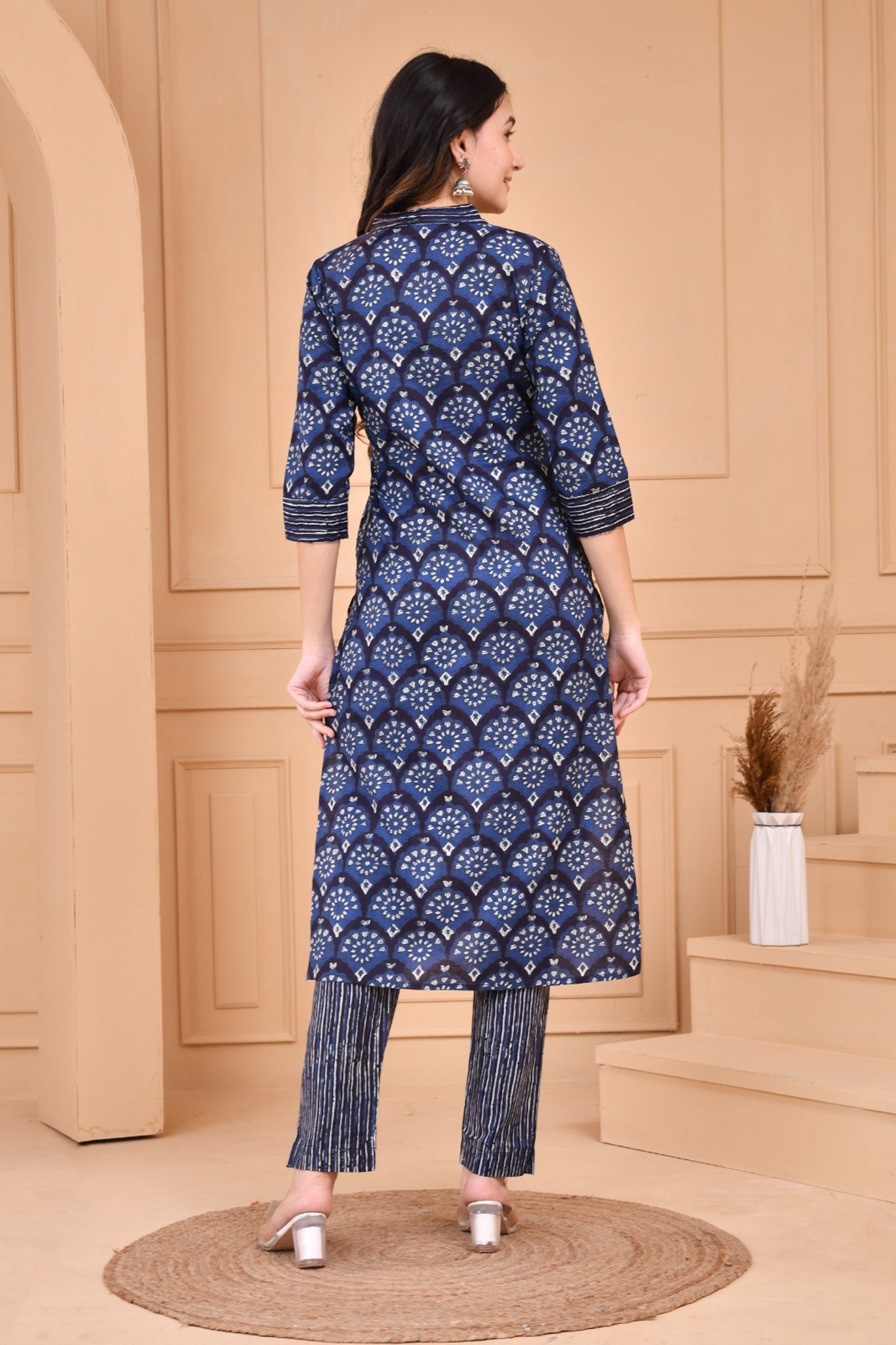 Blue Dabu Hand Block Printed Cotton Kurta Pants Set