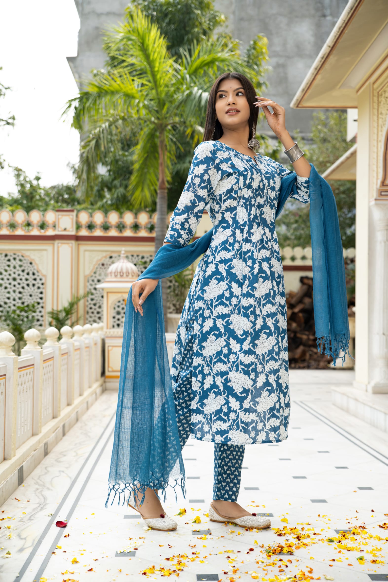 Blue Hand Block Cotton Kurta Pant & Kota Doria Set