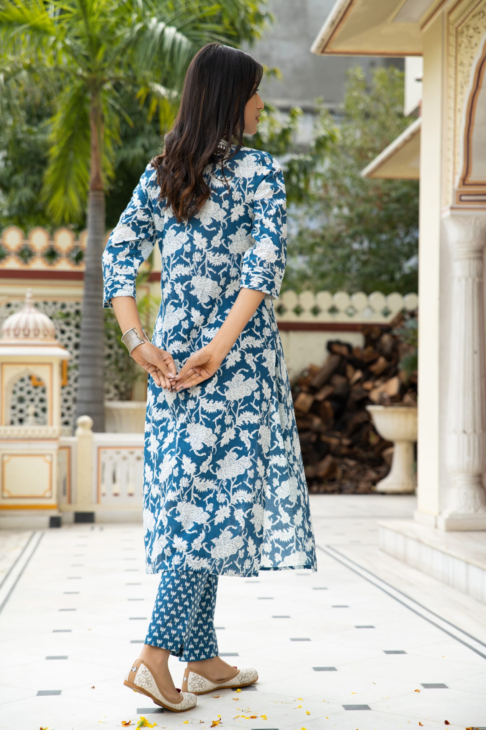 Blue Hand Block Cotton Kurta Pant & Kota Doria Set