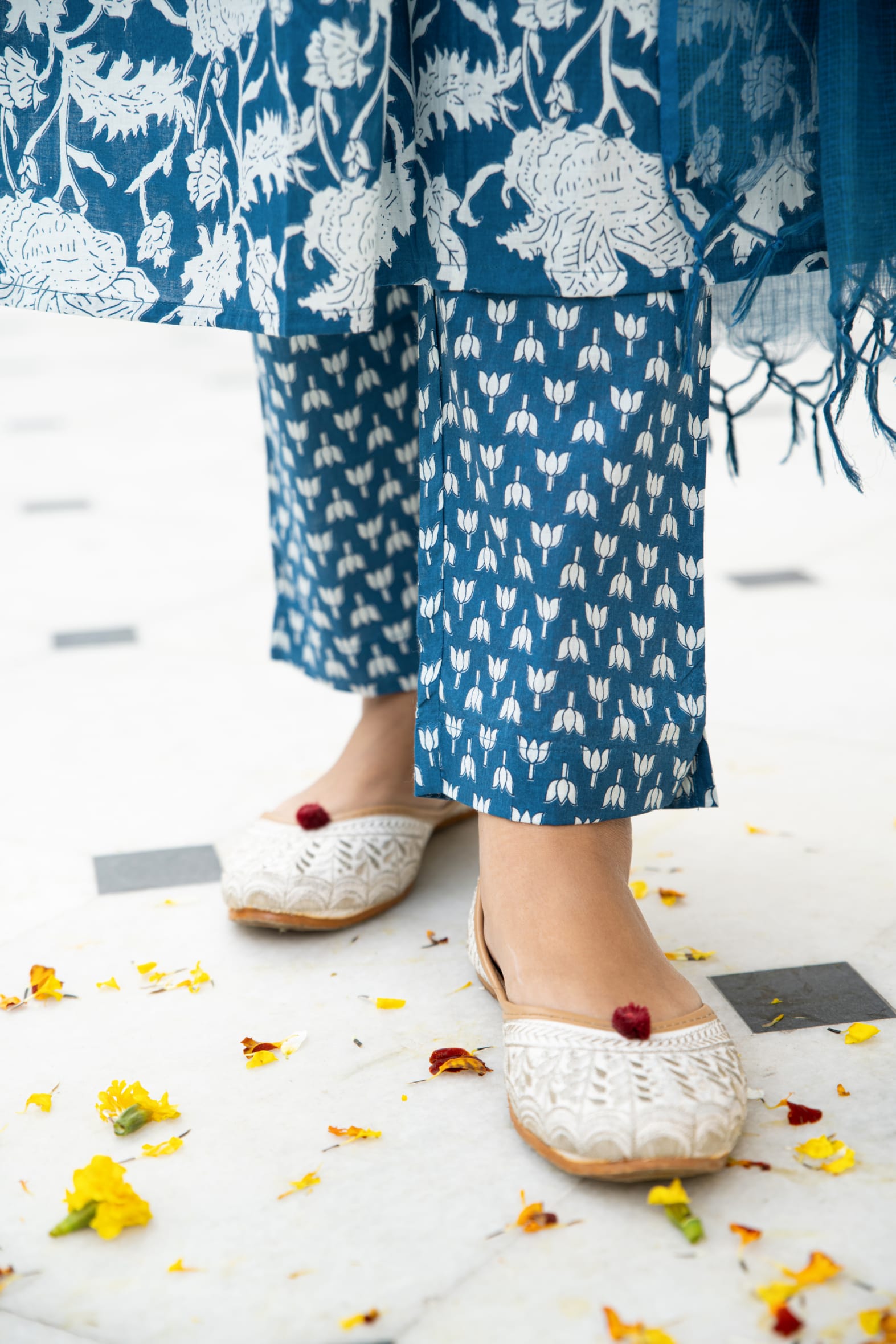 Blue Hand Block Cotton Kurta Pant & Kota Doria Set