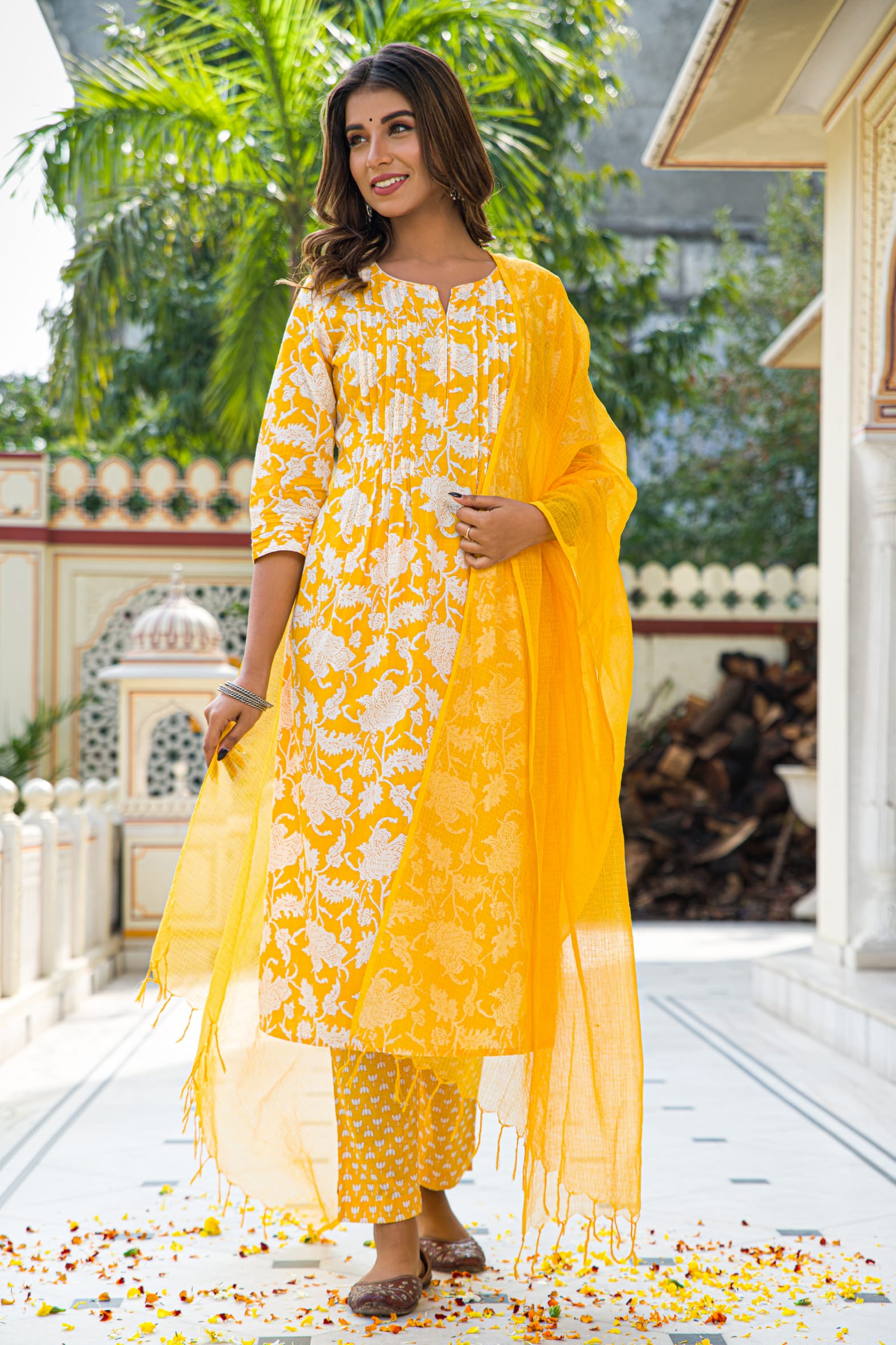 Yellow Hand Block Cotton Kurta Pant & Kota Doria Set