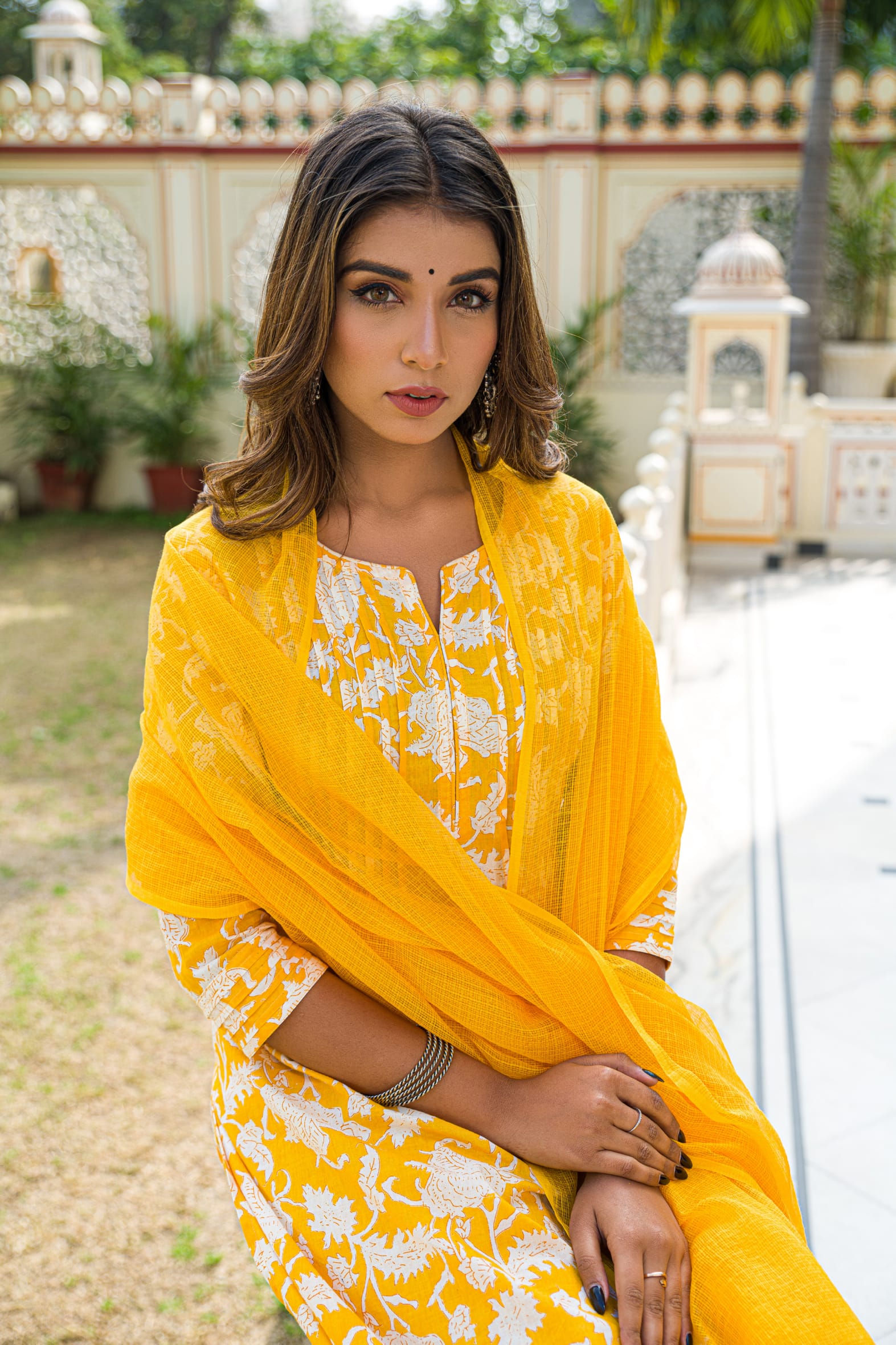 Yellow Hand Block Cotton Kurta Pant & Kota Doria Set