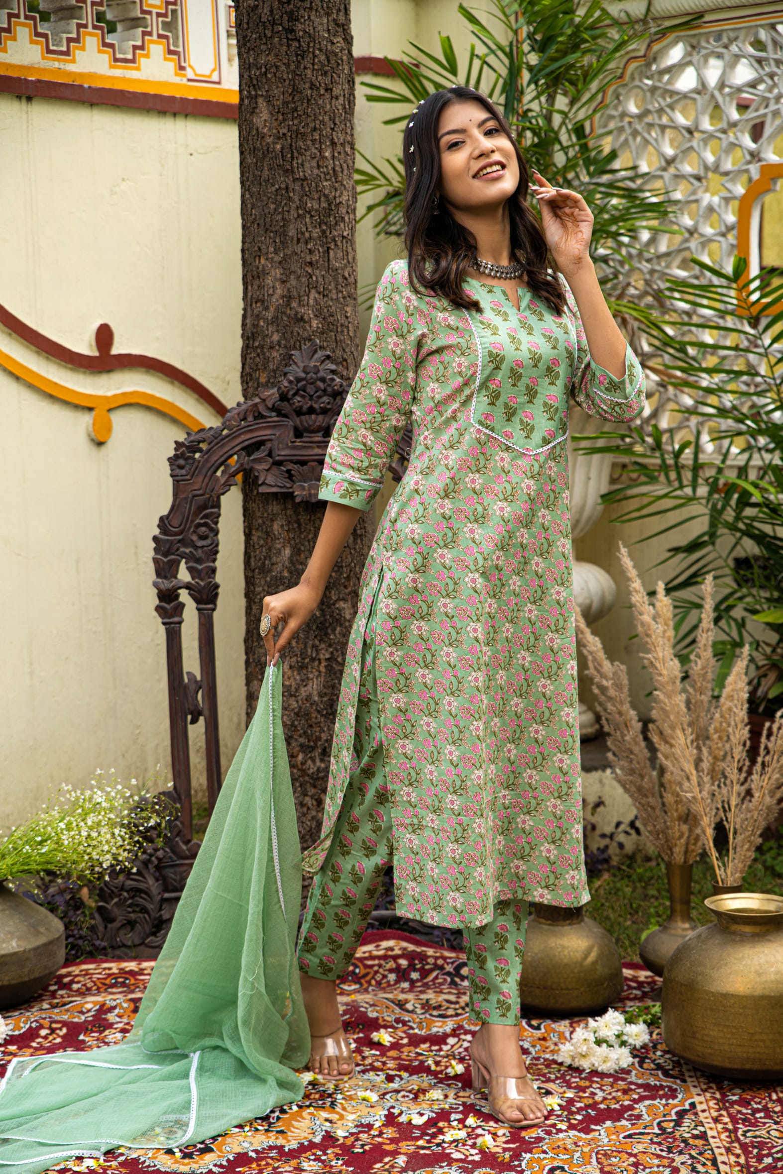 Green Cotton Kurta Pant & Kota Doria Dupatta Set