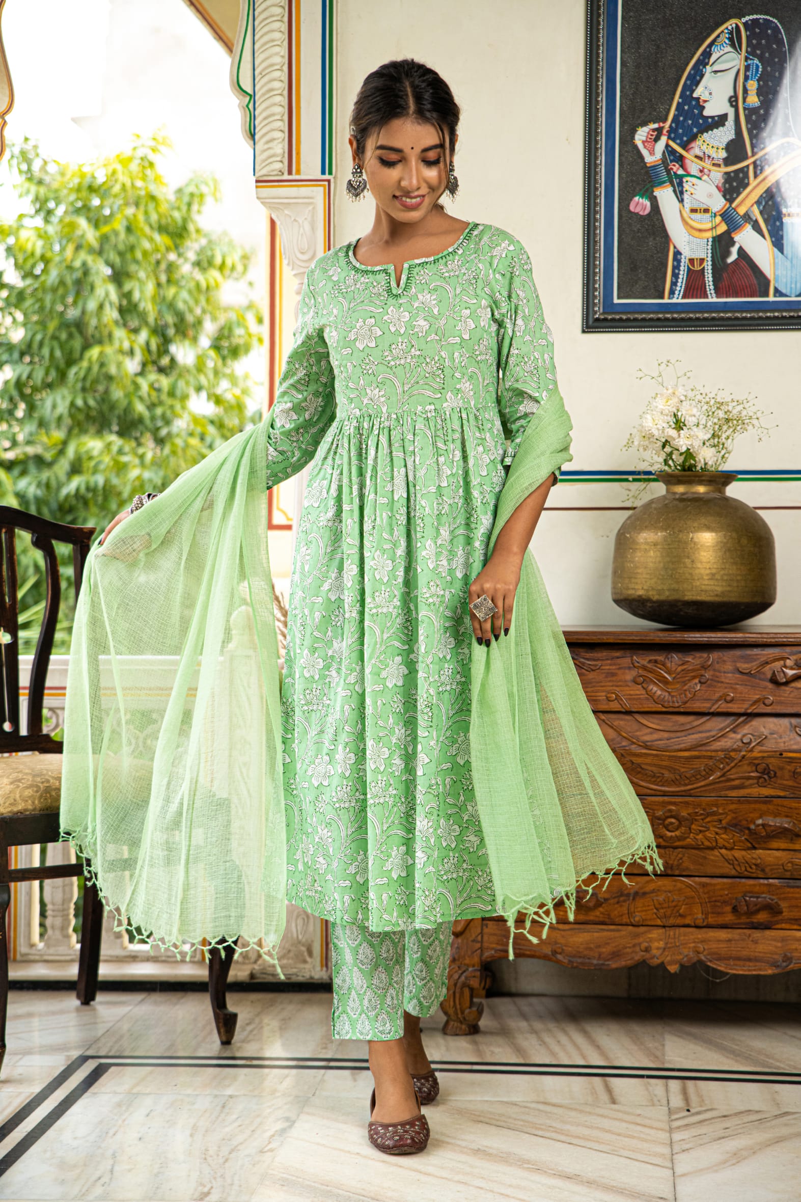 Green Printed Cotton Kurta Pant & Kota Doria Dupatta Set
