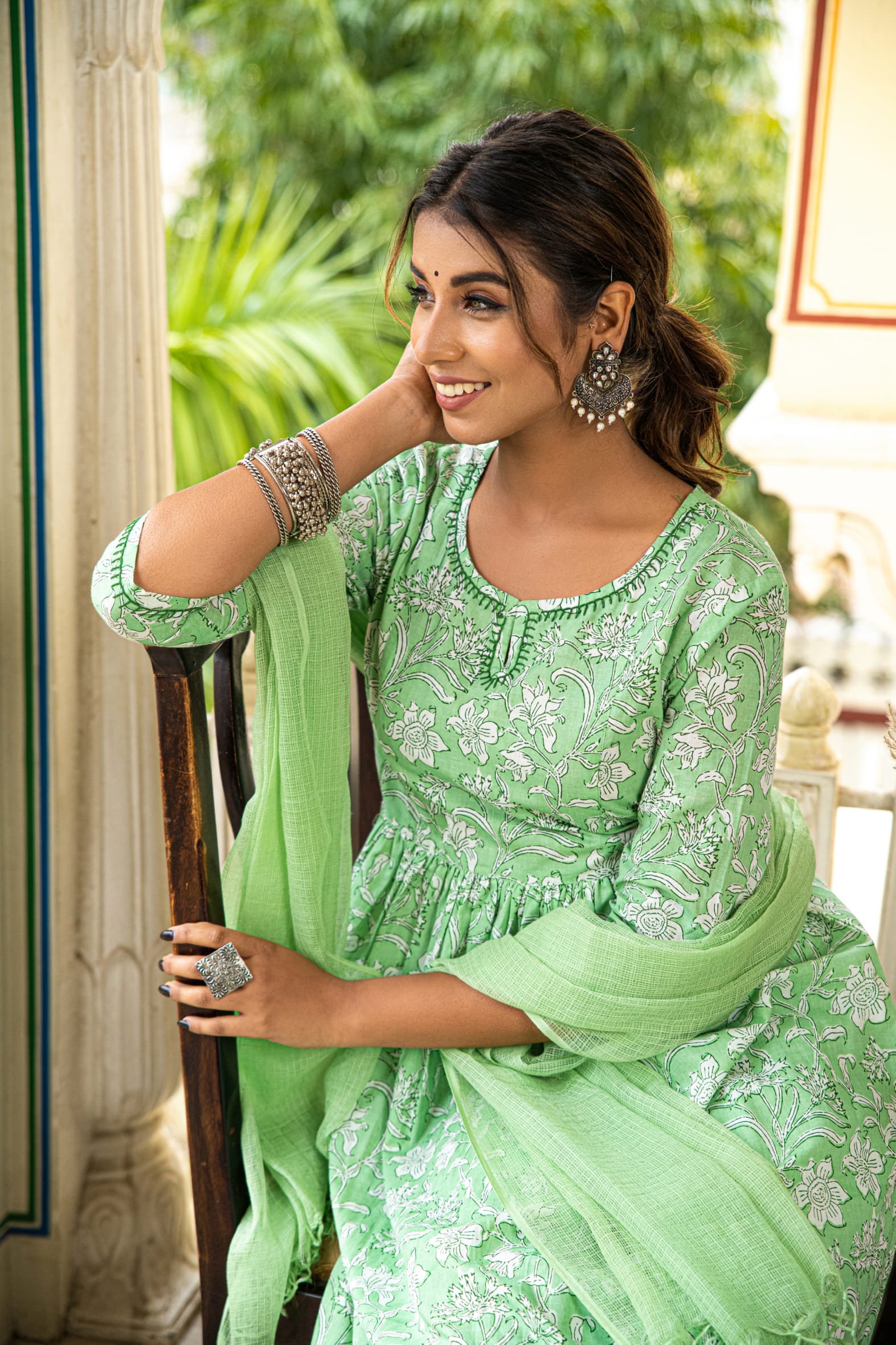 Green Printed Cotton Kurta Pant & Kota Doria Dupatta Set