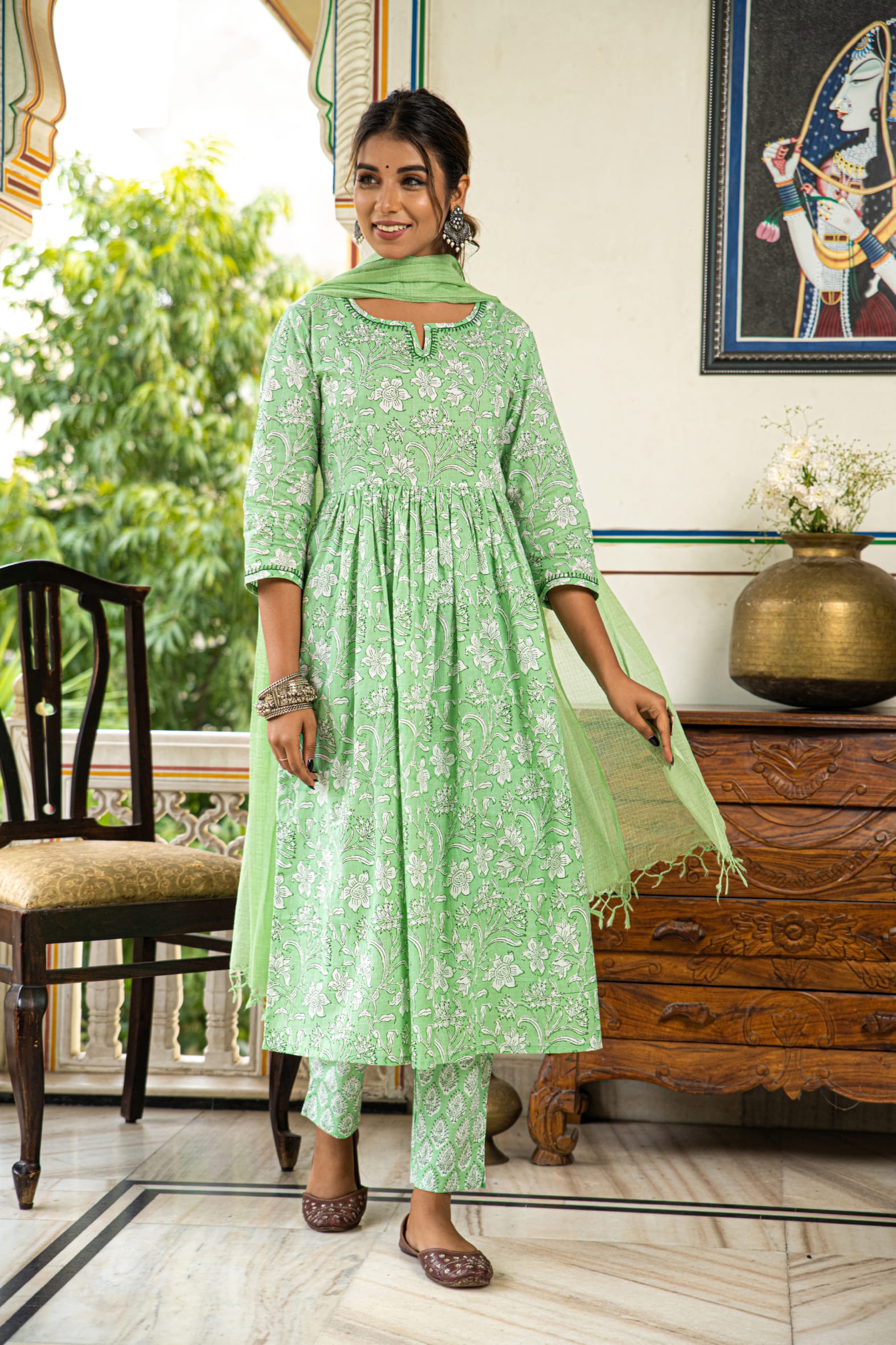 Green Printed Cotton Kurta Pant & Kota Doria Dupatta Set