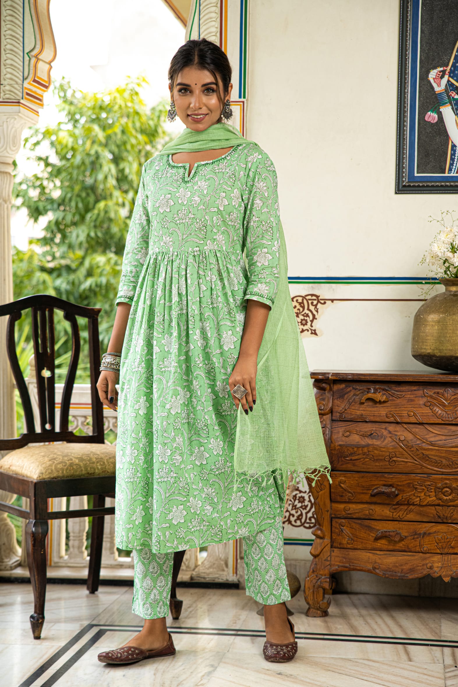 Green Printed Cotton Kurta Pant & Kota Doria Dupatta Set