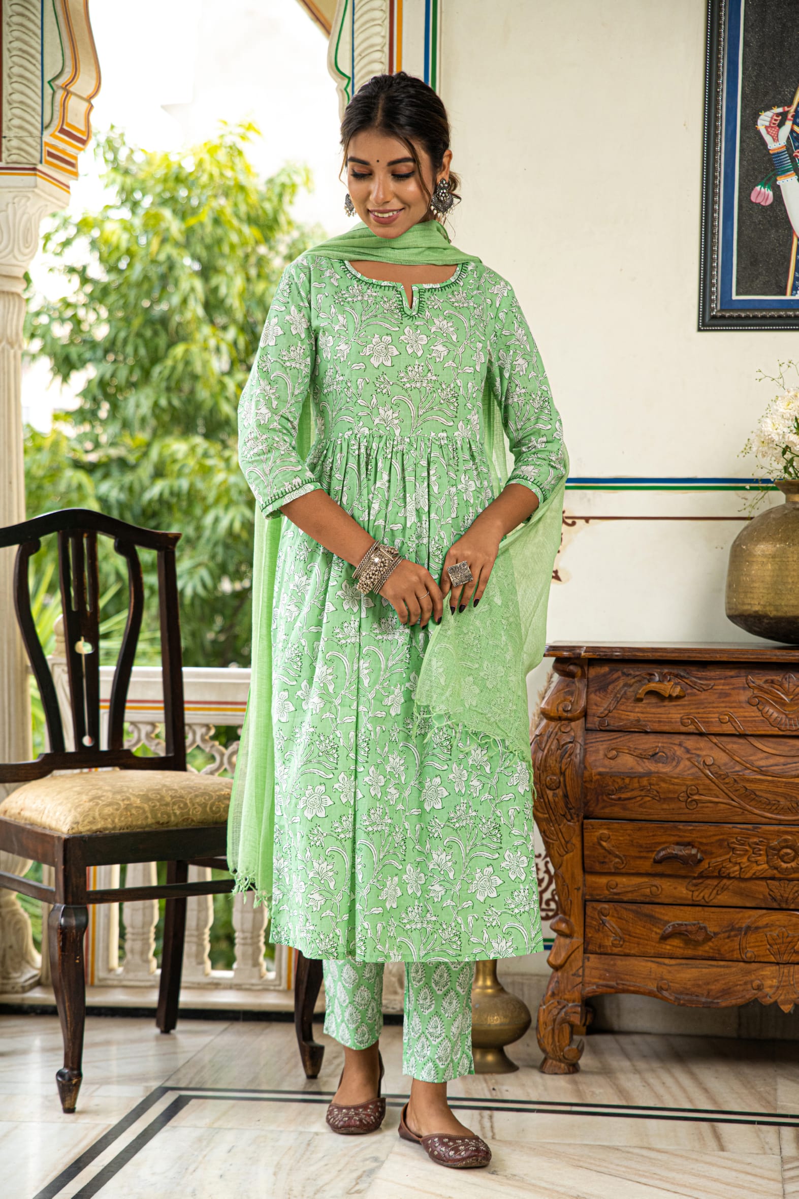 Green Printed Cotton Kurta Pant & Kota Doria Dupatta Set