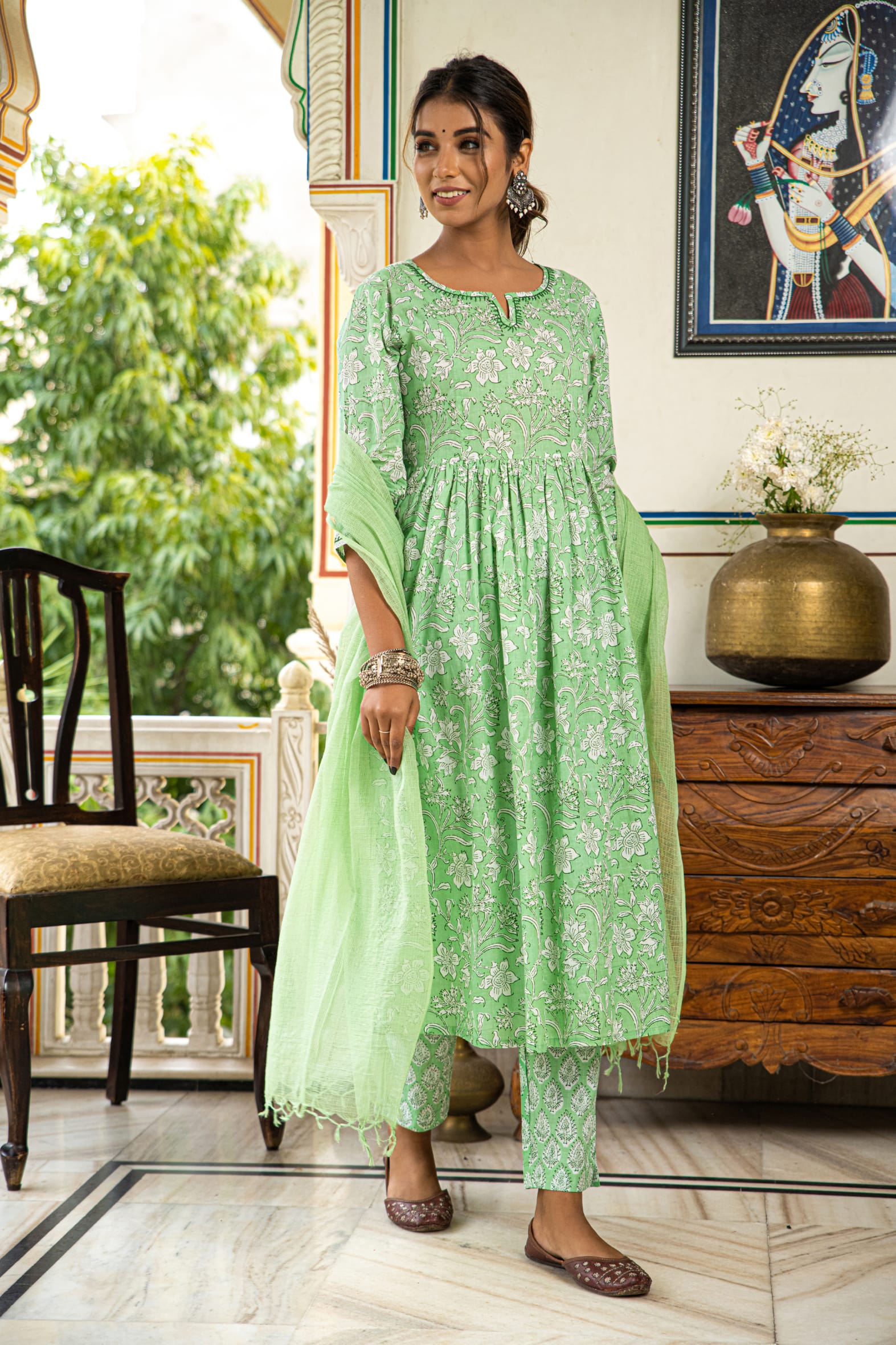 Green Printed Cotton Kurta Pant & Kota Doria Dupatta Set