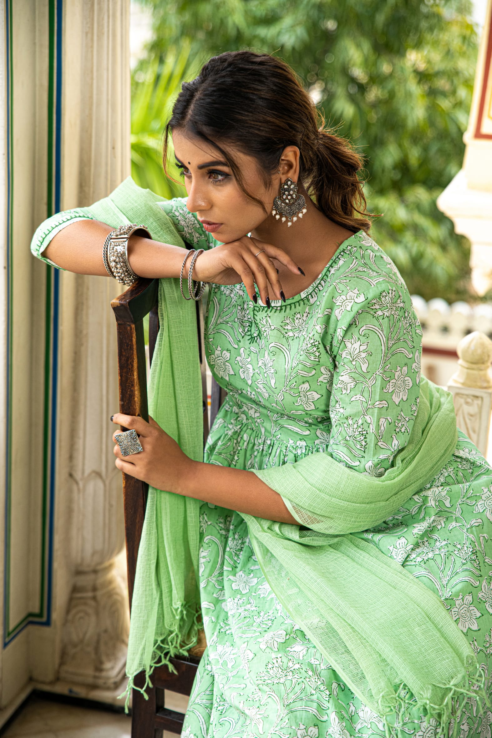 Green Printed Cotton Kurta Pant & Kota Doria Dupatta Set