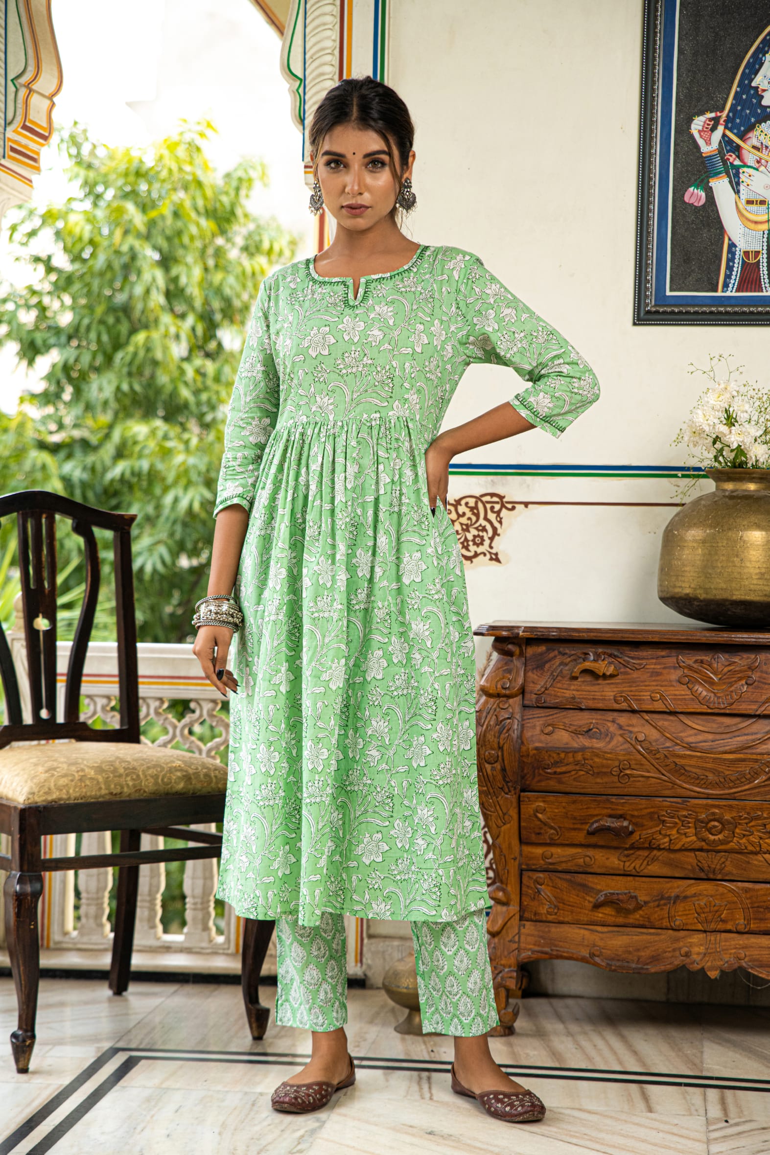 Green Printed Cotton Kurta Pant & Kota Doria Dupatta Set
