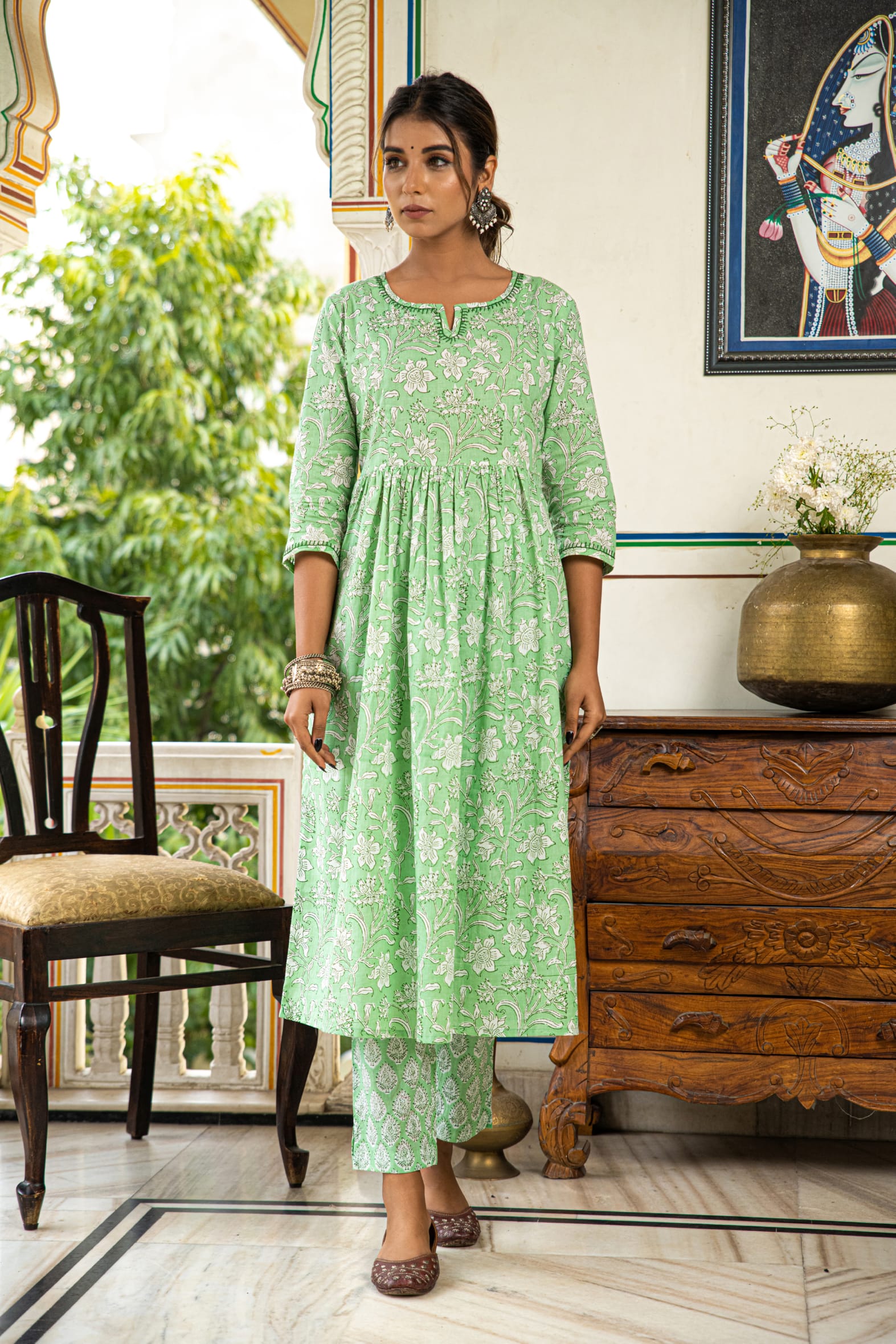 Green Printed Cotton Kurta Pant & Kota Doria Dupatta Set