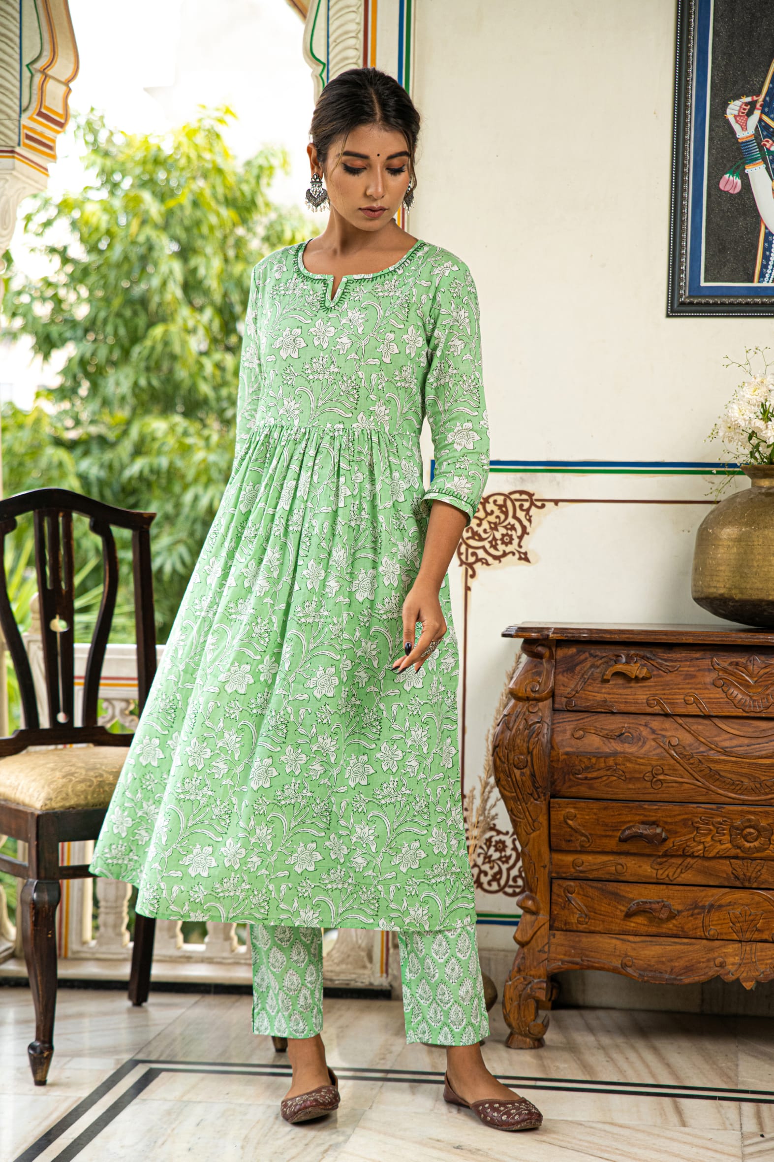 Green Printed Cotton Kurta Pant & Kota Doria Dupatta Set