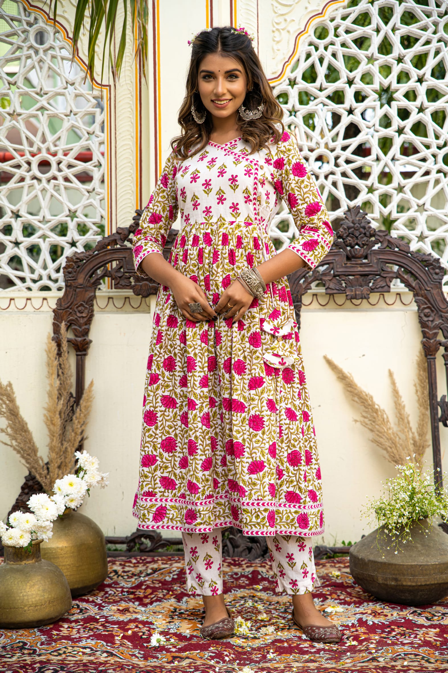 White Pink Hand Block Angrakha Cotton Kurta Pant Mulmul Set