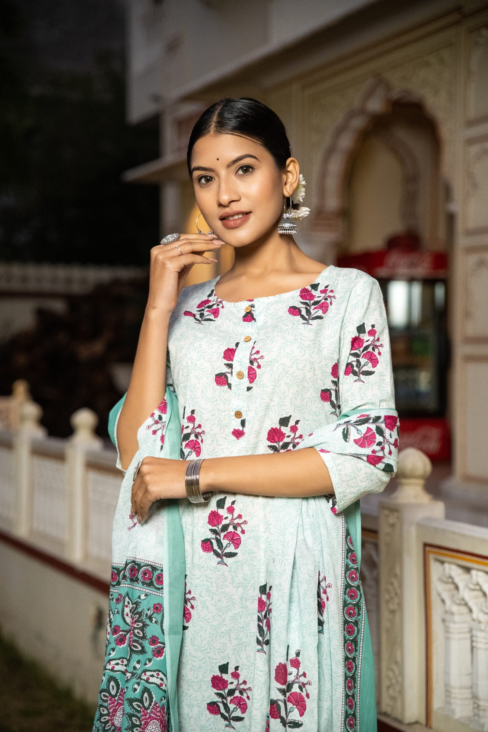 White Butta Cotton Kurta Pant & Mulmul Cotton Dupatta Set