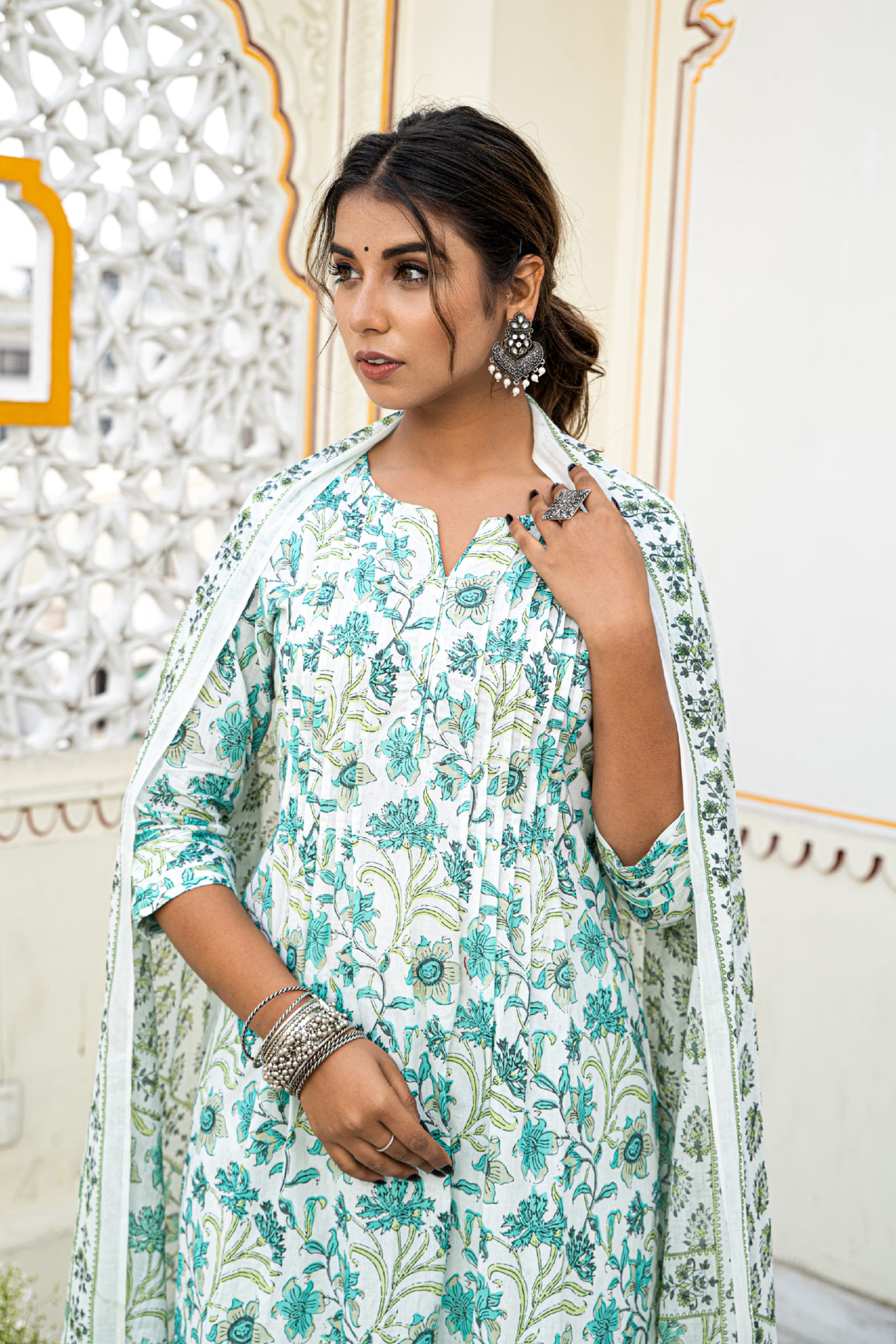 White Pleated Cotton Kurta Pant & Mulmul Cotton Dupatta Set