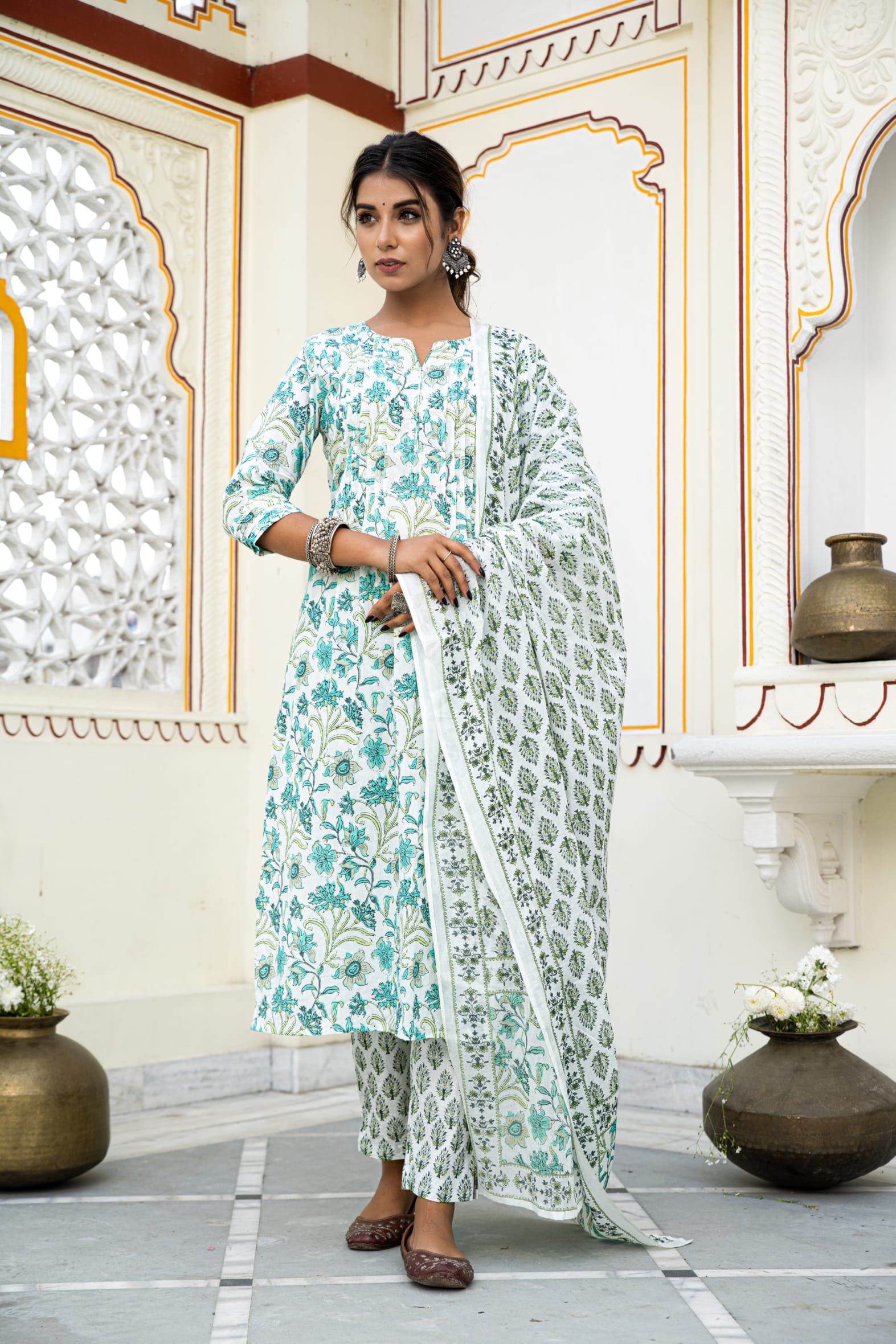 White Pleated Cotton Kurta Pant & Mulmul Cotton Dupatta Set