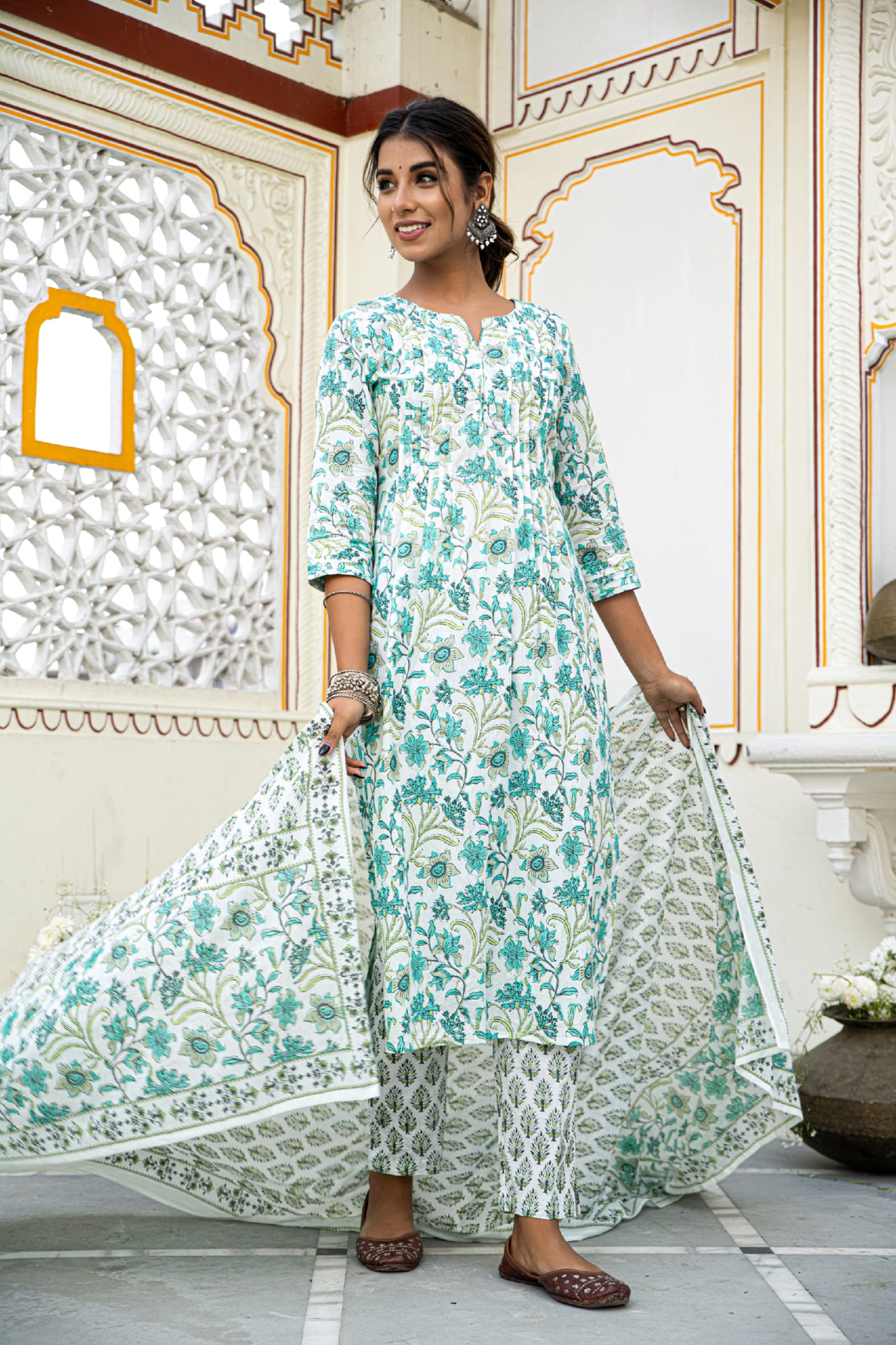 White Pleated Cotton Kurta Pant & Mulmul Cotton Dupatta Set