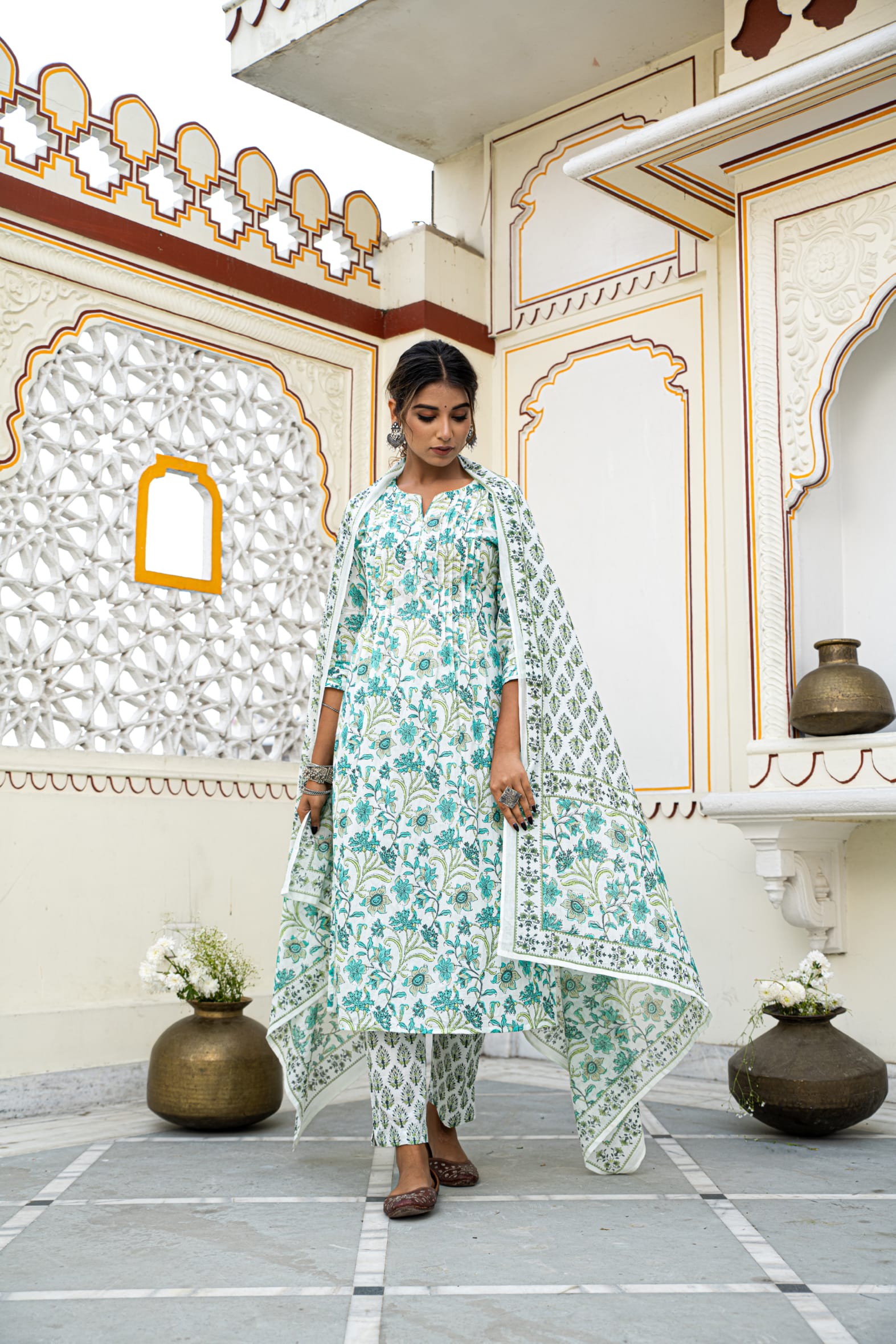 White Pleated Cotton Kurta Pant & Mulmul Cotton Dupatta Set