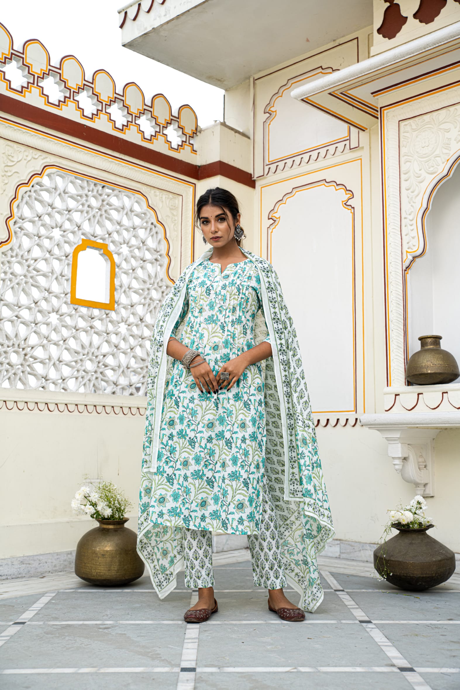 White Pleated Cotton Kurta Pant & Mulmul Cotton Dupatta Set