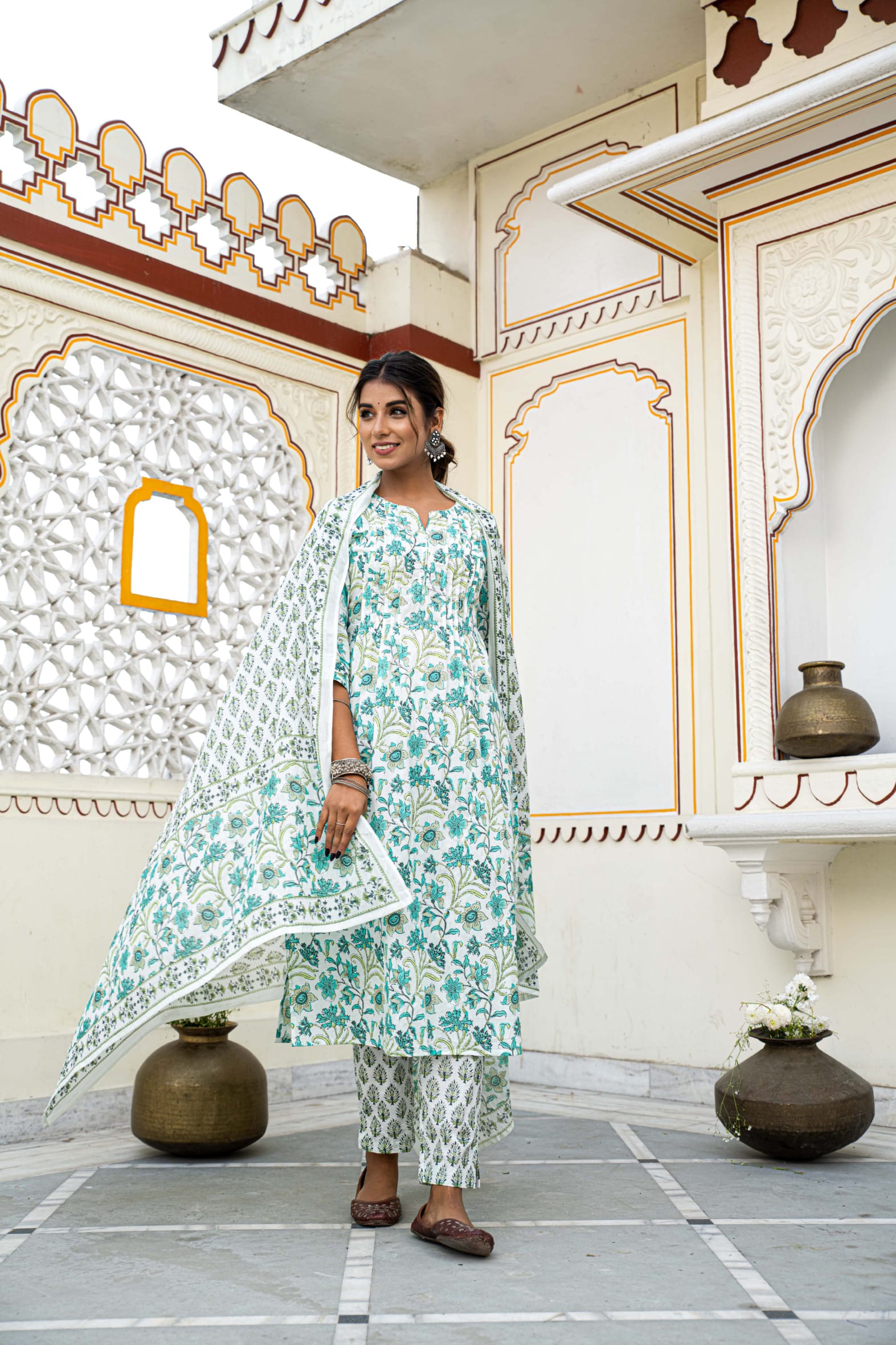 White Pleated Cotton Kurta Pant & Mulmul Cotton Dupatta Set