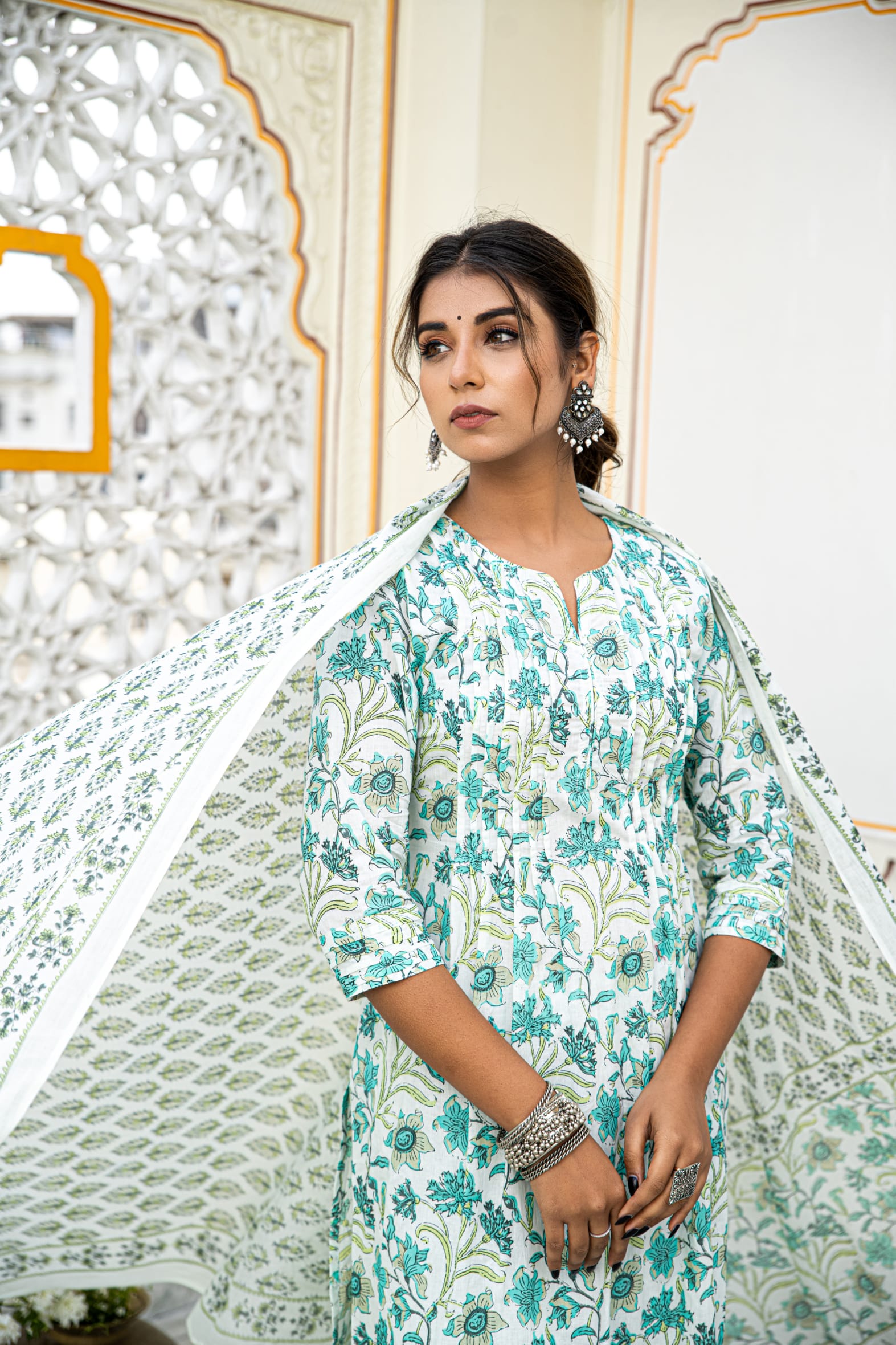 White Pleated Cotton Kurta Pant & Mulmul Cotton Dupatta Set