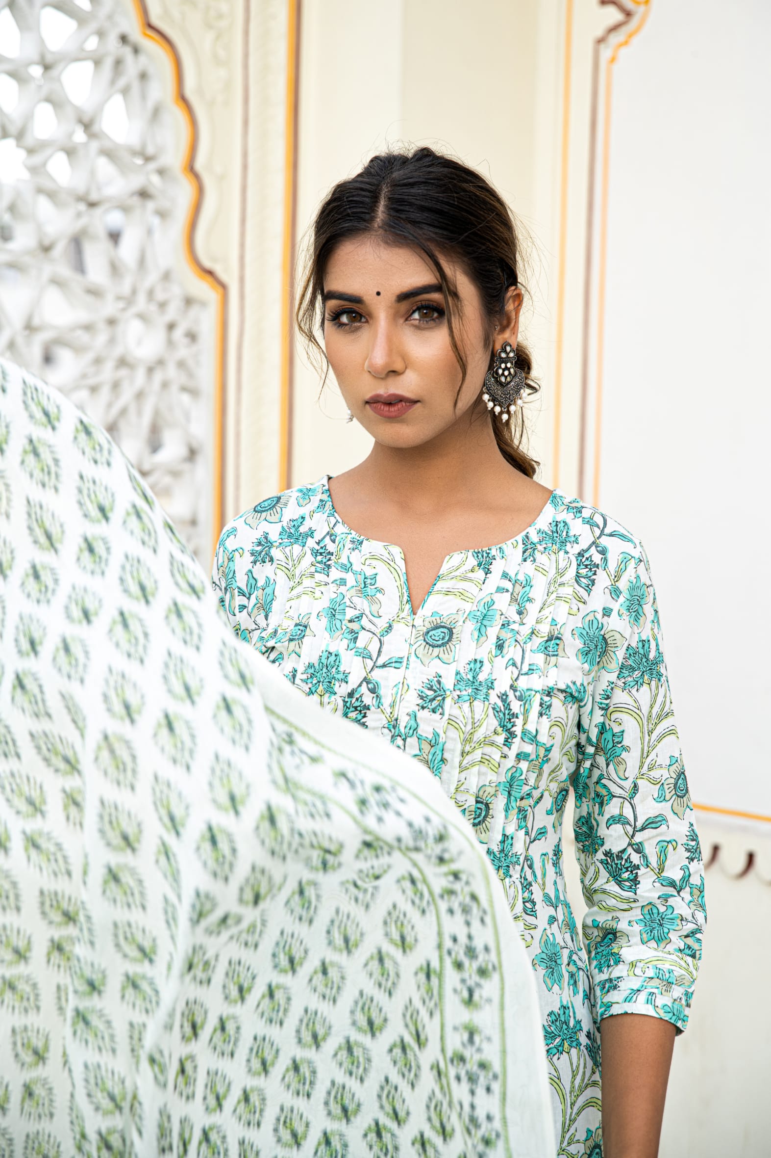 White Pleated Cotton Kurta Pant & Mulmul Cotton Dupatta Set