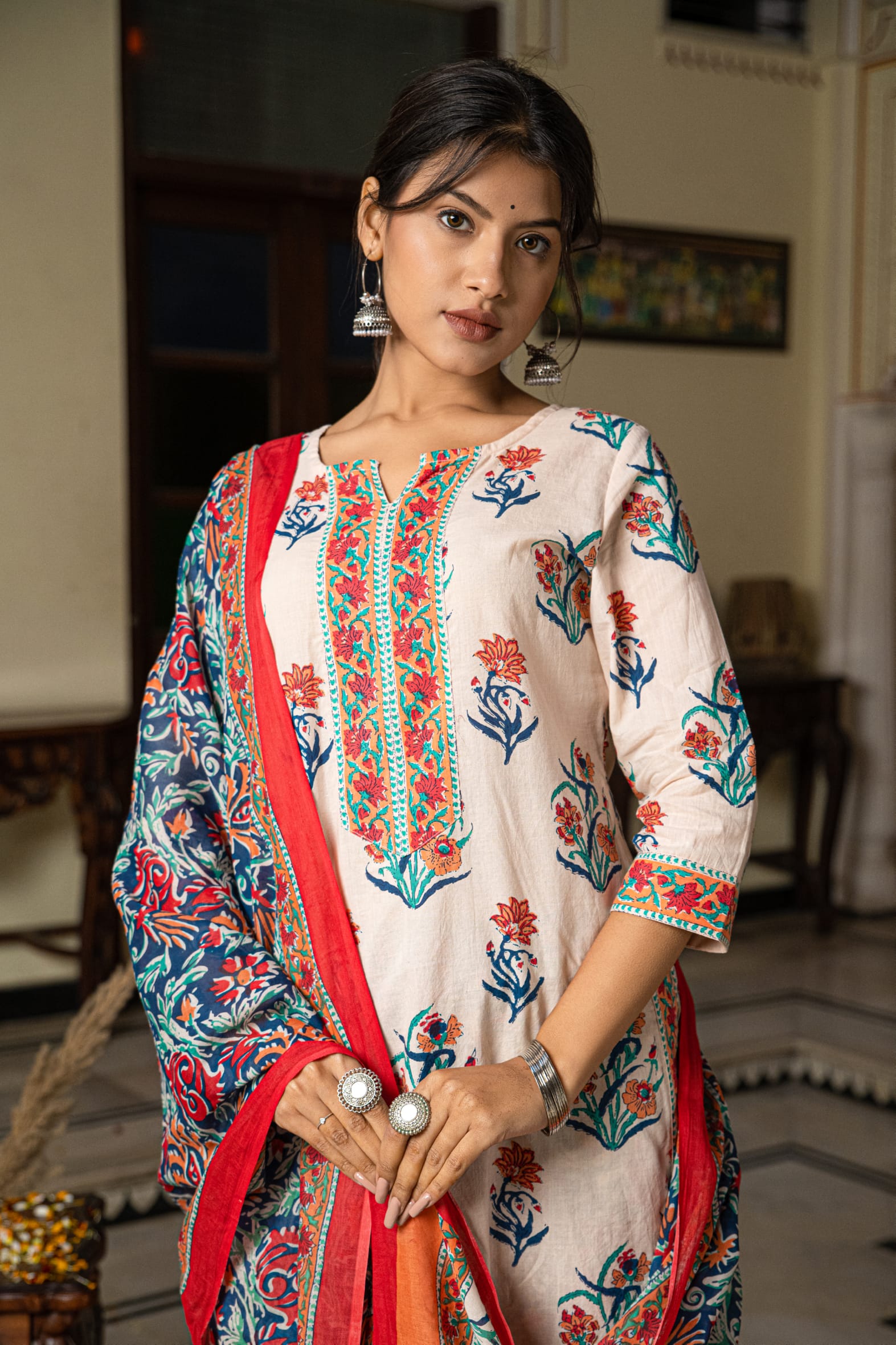 Cream Butta Cotton Kurta Pant & Mulmul Cotton Dupatta Set