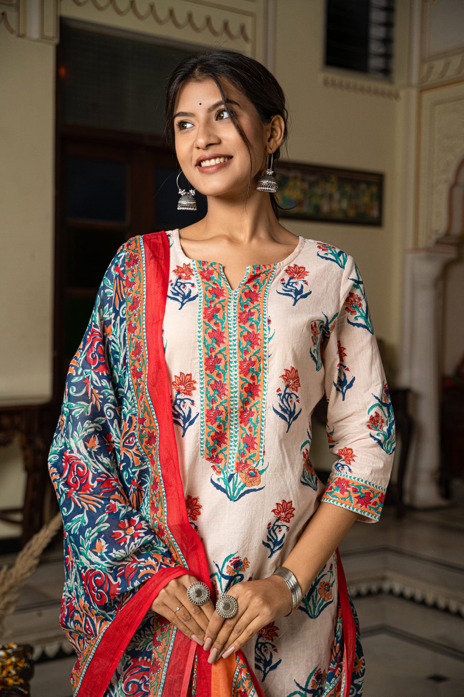 Cream Butta Cotton Kurta Pant & Mulmul Cotton Dupatta Set