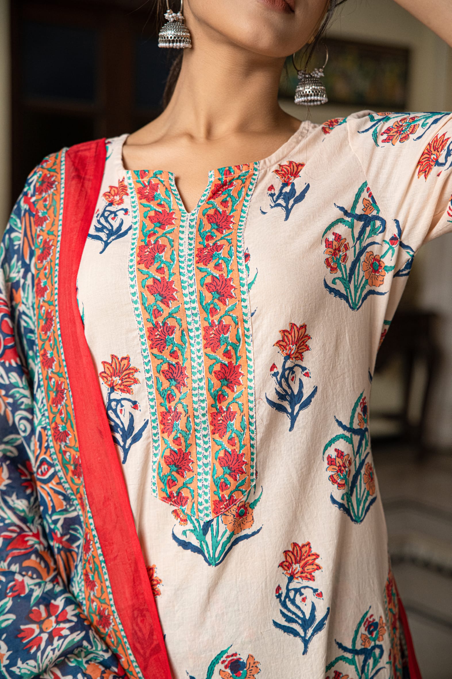 Cream Butta Cotton Kurta Pant & Mulmul Cotton Dupatta Set