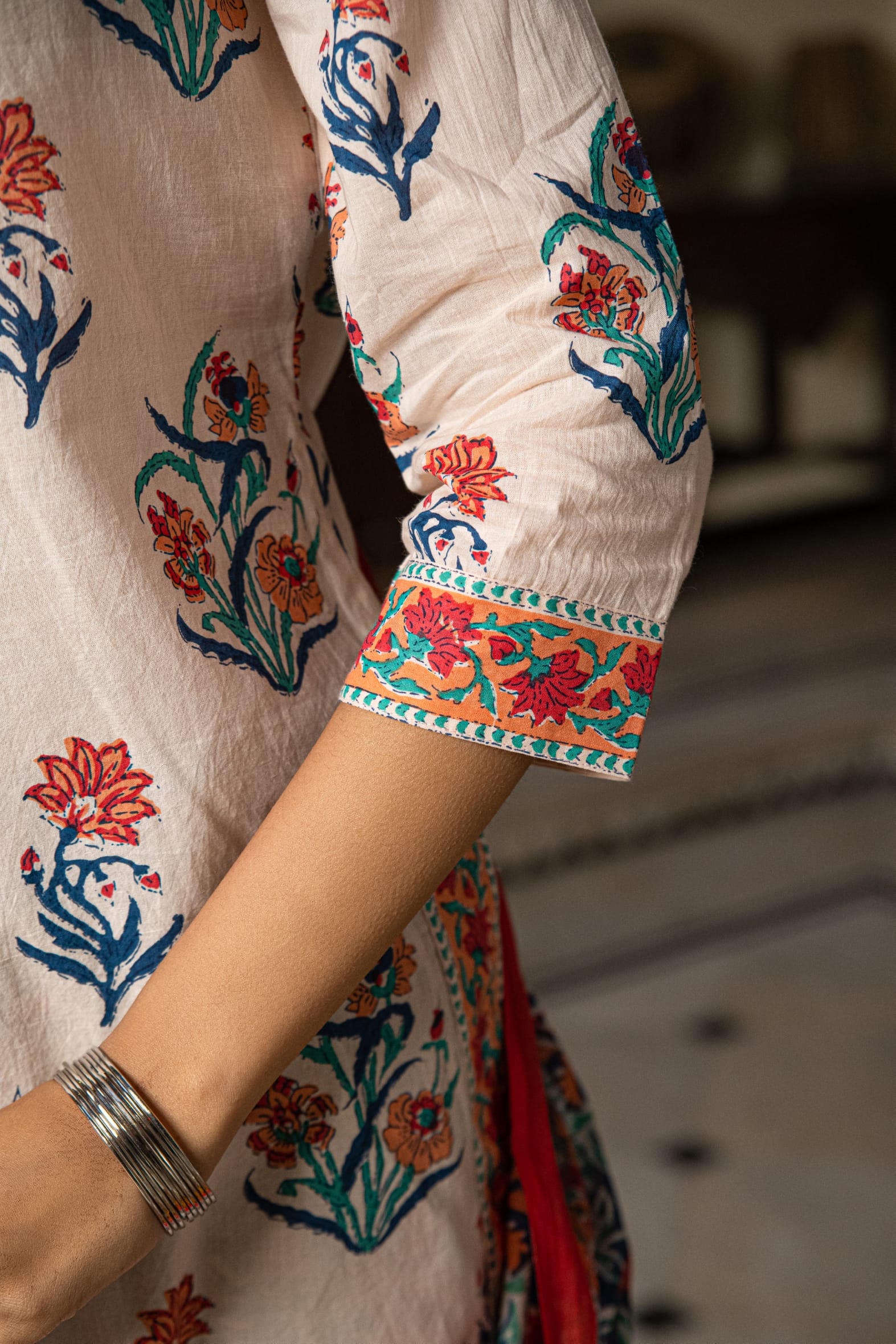 Cream Butta Cotton Kurta Pant & Mulmul Cotton Dupatta Set