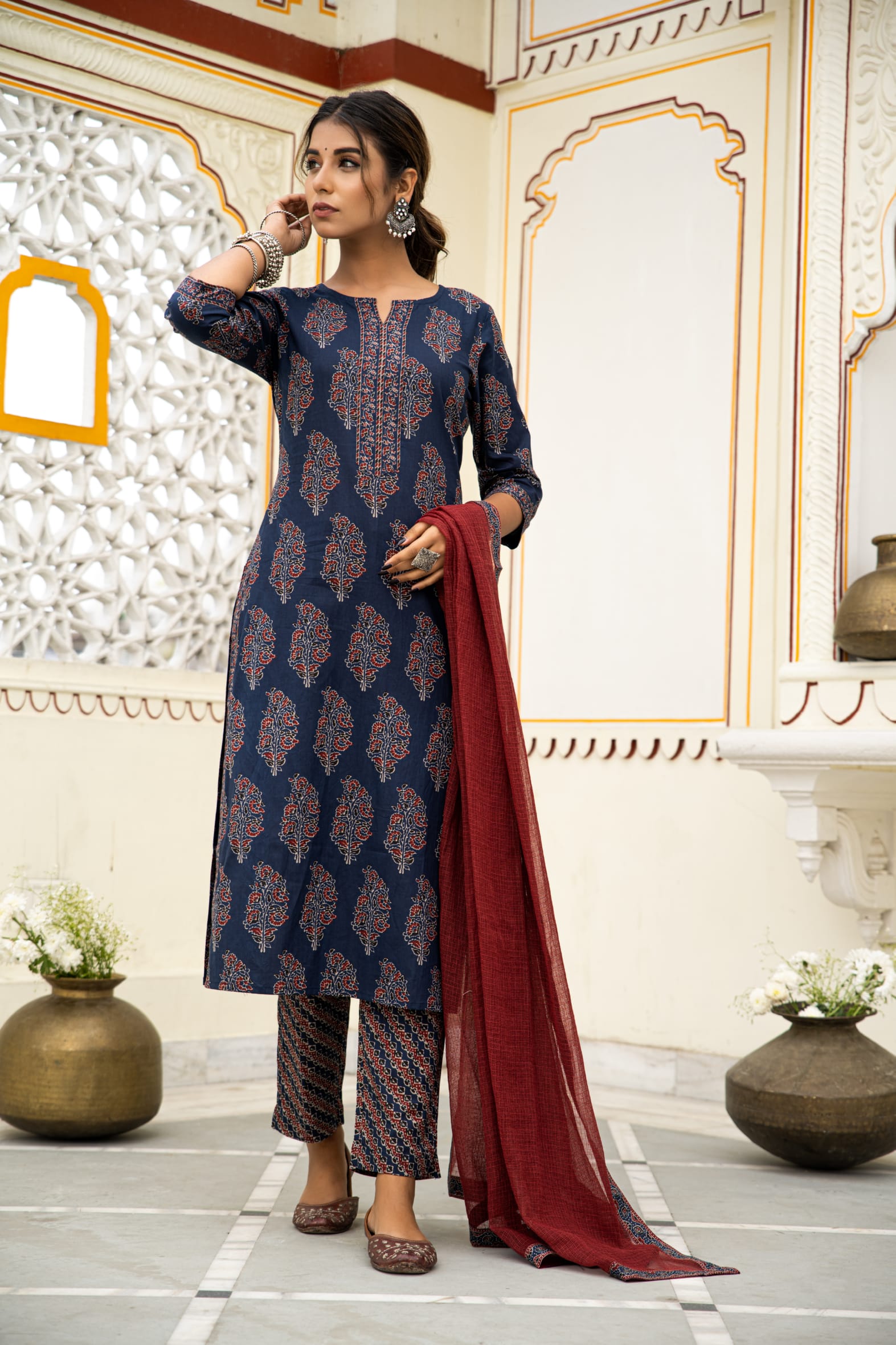 Navy Ajrakh Cotton Kurta Pant Maroon Kota Doria Dupatta