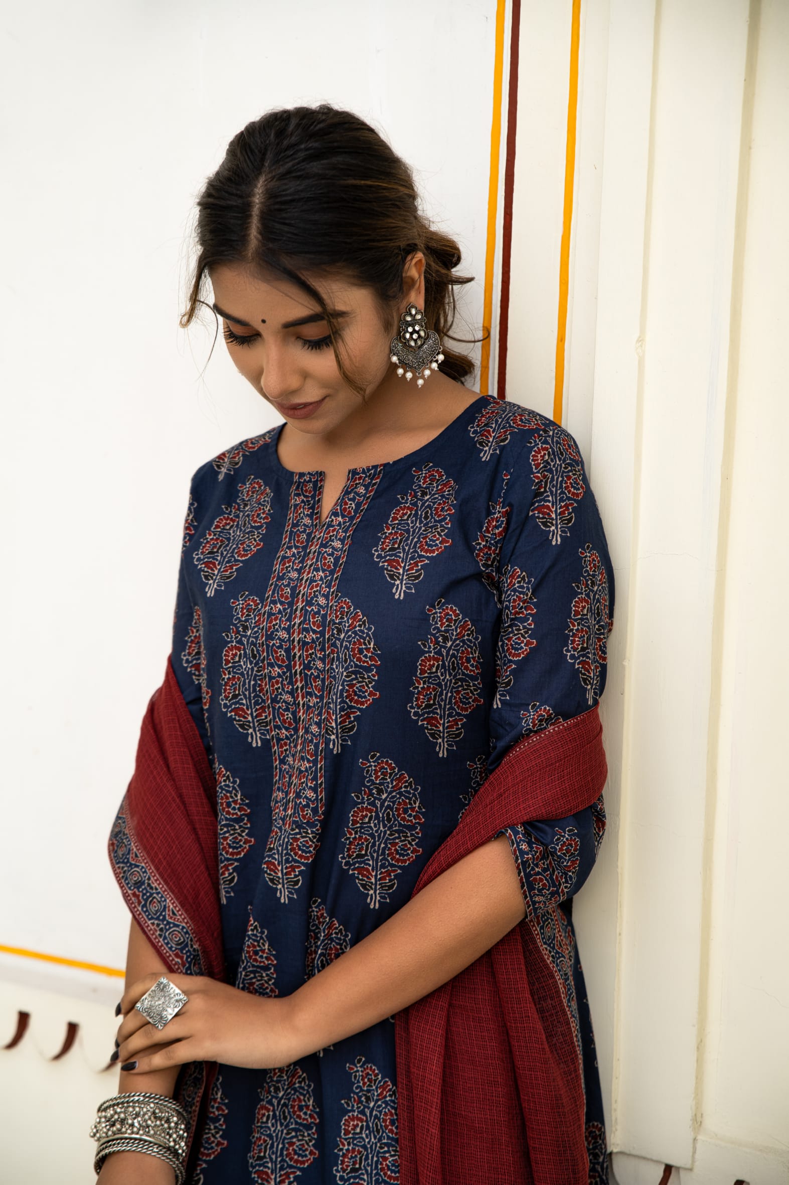 Navy Ajrakh Cotton Kurta Pant Maroon Kota Doria Dupatta