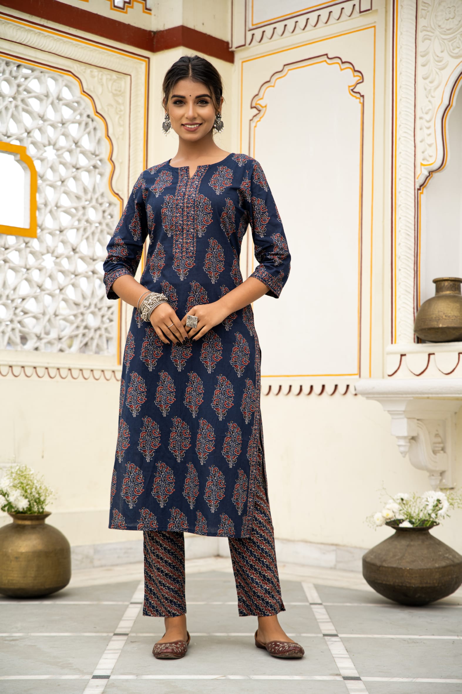 Classic Navy Hand Block Printed Cotton Kurta Pants Set