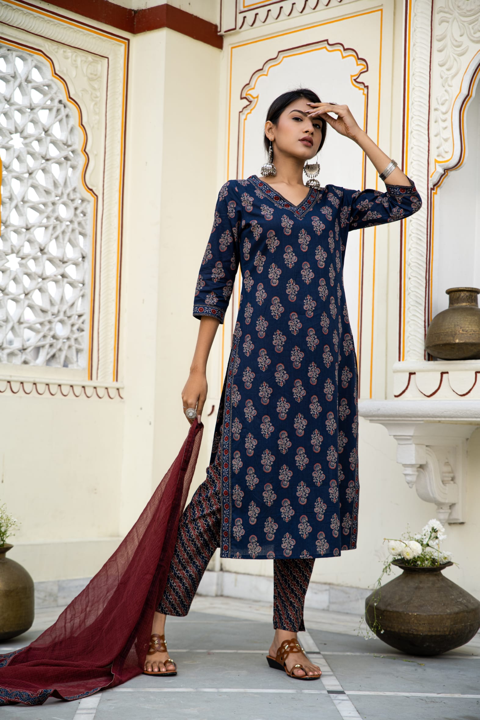 Navy Ajrakh Butta Cotton Kurta Pant & Kota Doria Dupatta