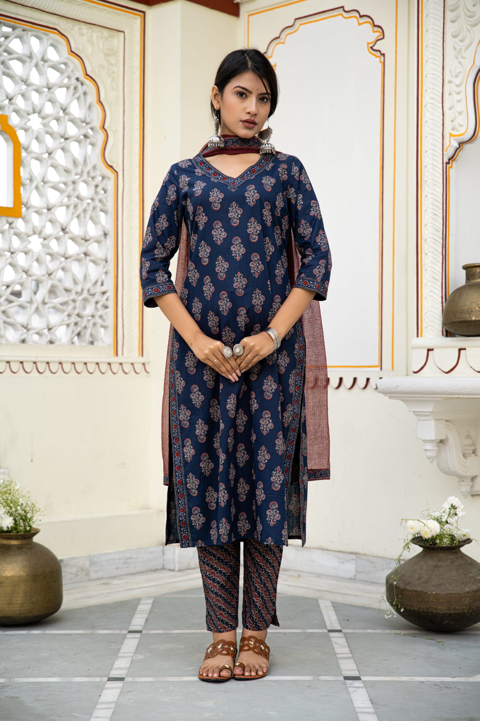 Navy Ajrakh Butta Cotton Kurta Pant & Kota Doria Dupatta