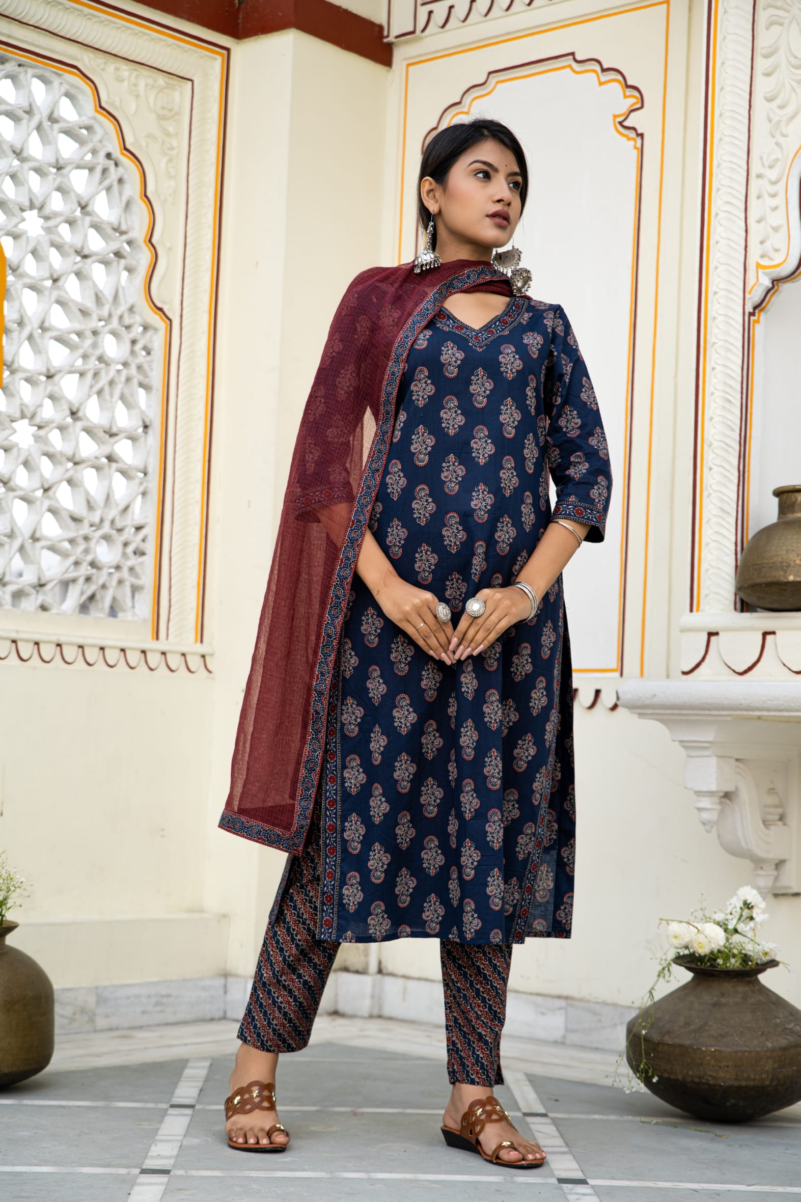 Navy Ajrakh Butta Cotton Kurta Pant & Kota Doria Dupatta