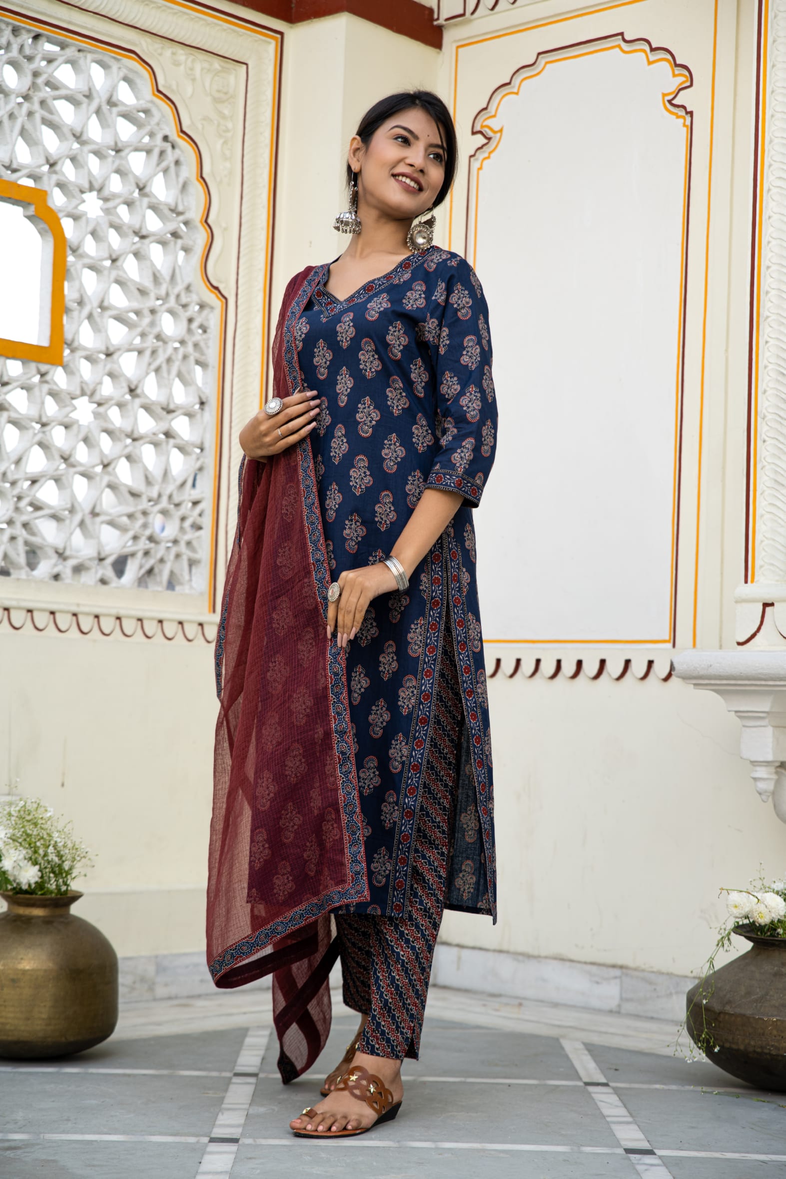 Navy Ajrakh Butta Cotton Kurta Pant & Kota Doria Dupatta