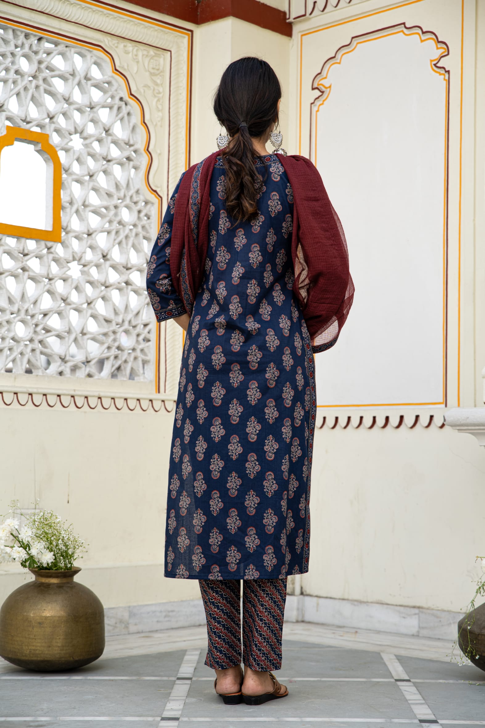 Navy Ajrakh Butta Cotton Kurta Pant & Kota Doria Dupatta