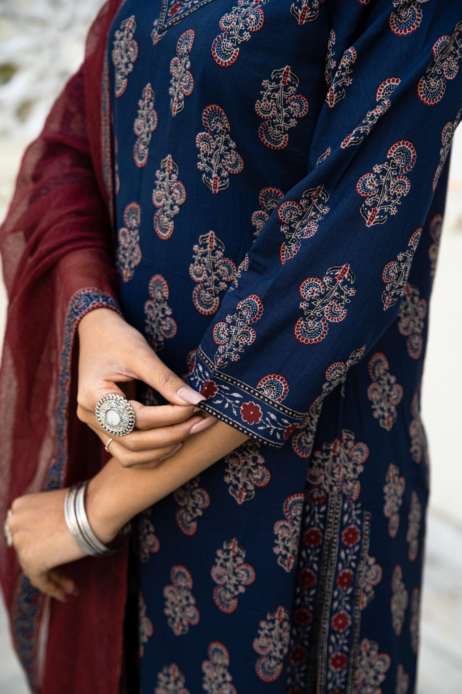 Navy Ajrakh Butta Cotton Kurta Pant & Kota Doria Dupatta