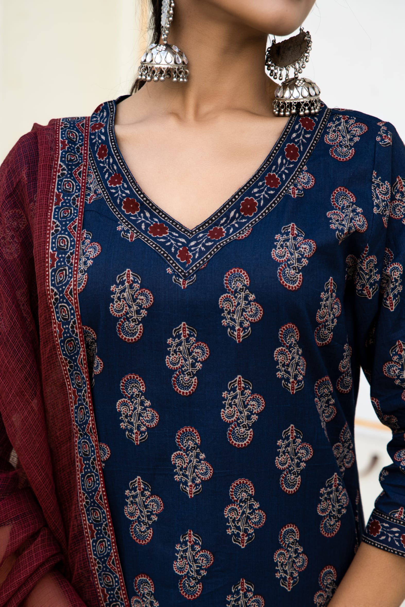 Navy Ajrakh Butta Cotton Kurta Pant & Kota Doria Dupatta