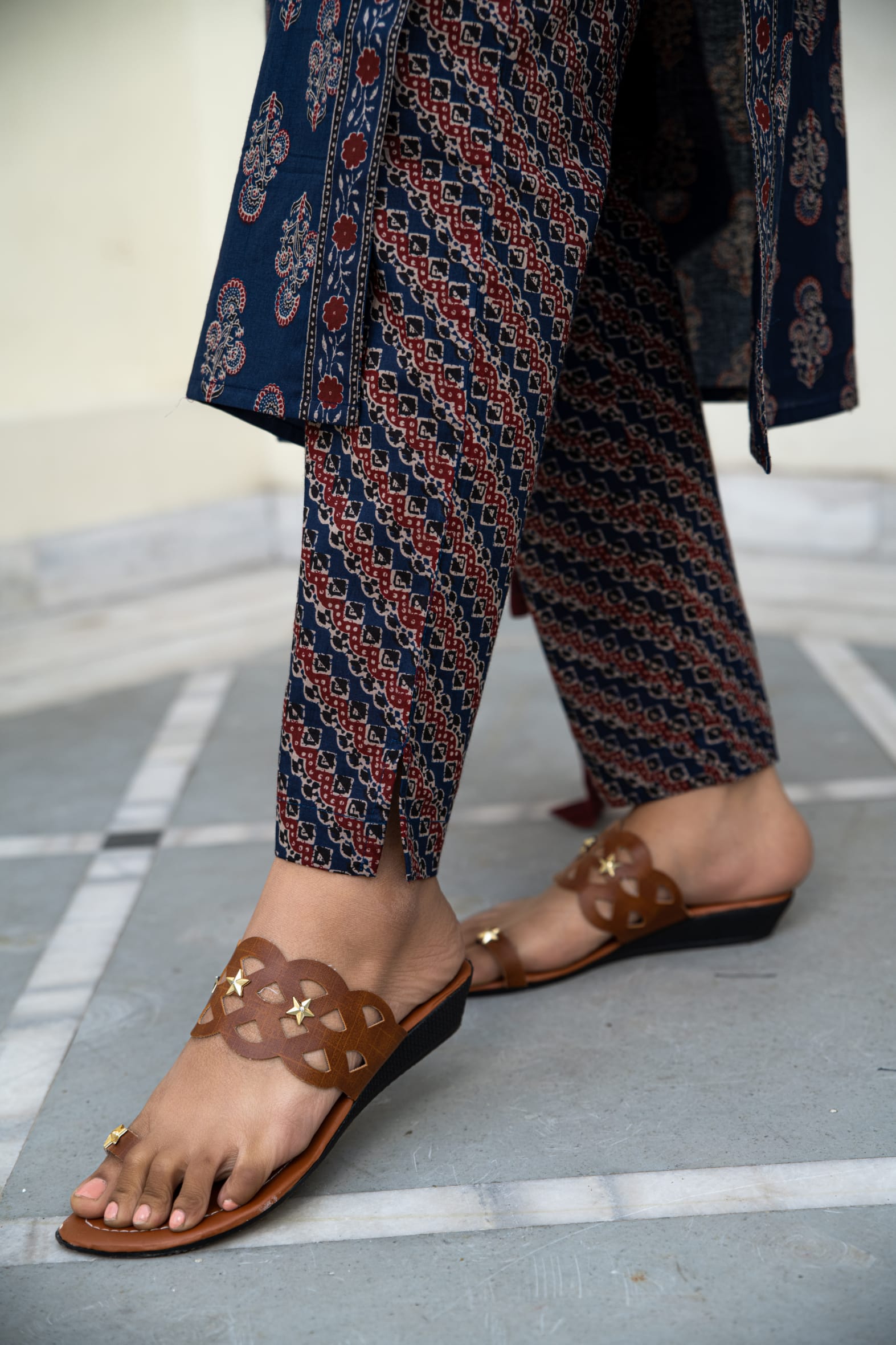 Navy Ajrakh Butta Cotton Kurta Pant & Kota Doria Dupatta