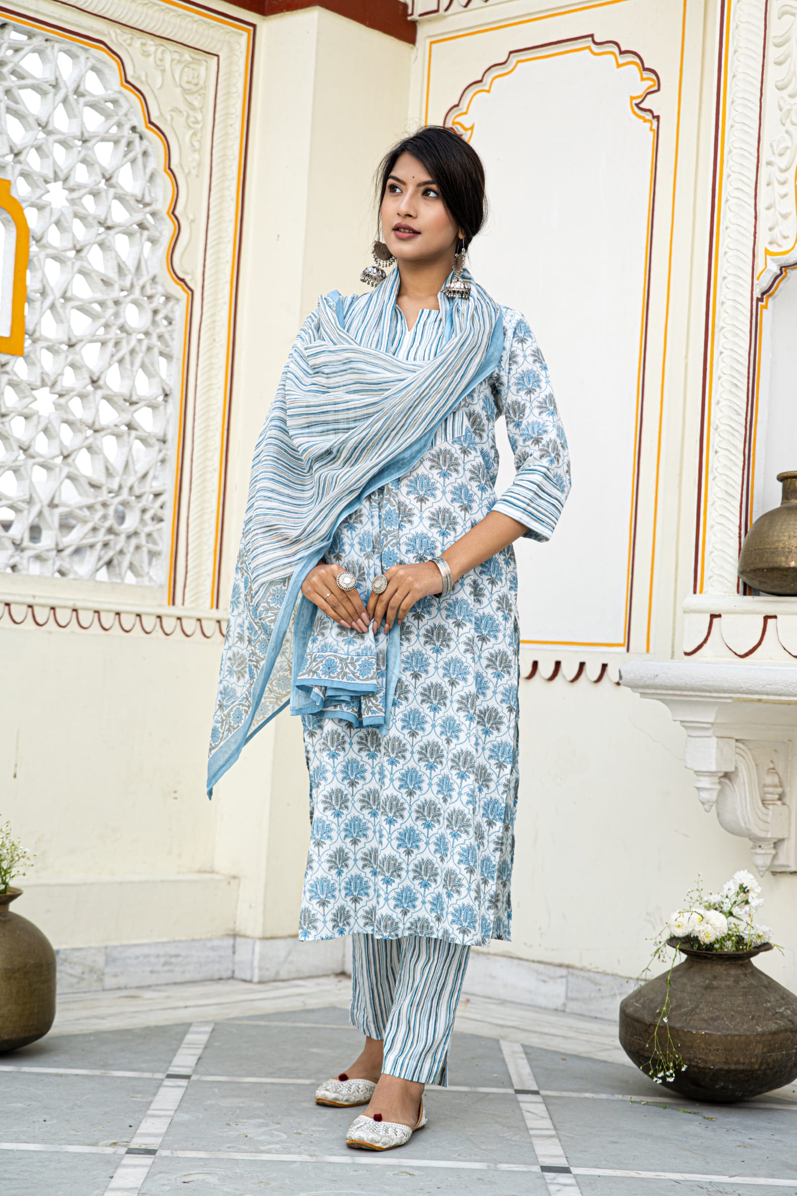 White Blue Cotton Kurta Pant & Mulmul Cotton Dupatta Set