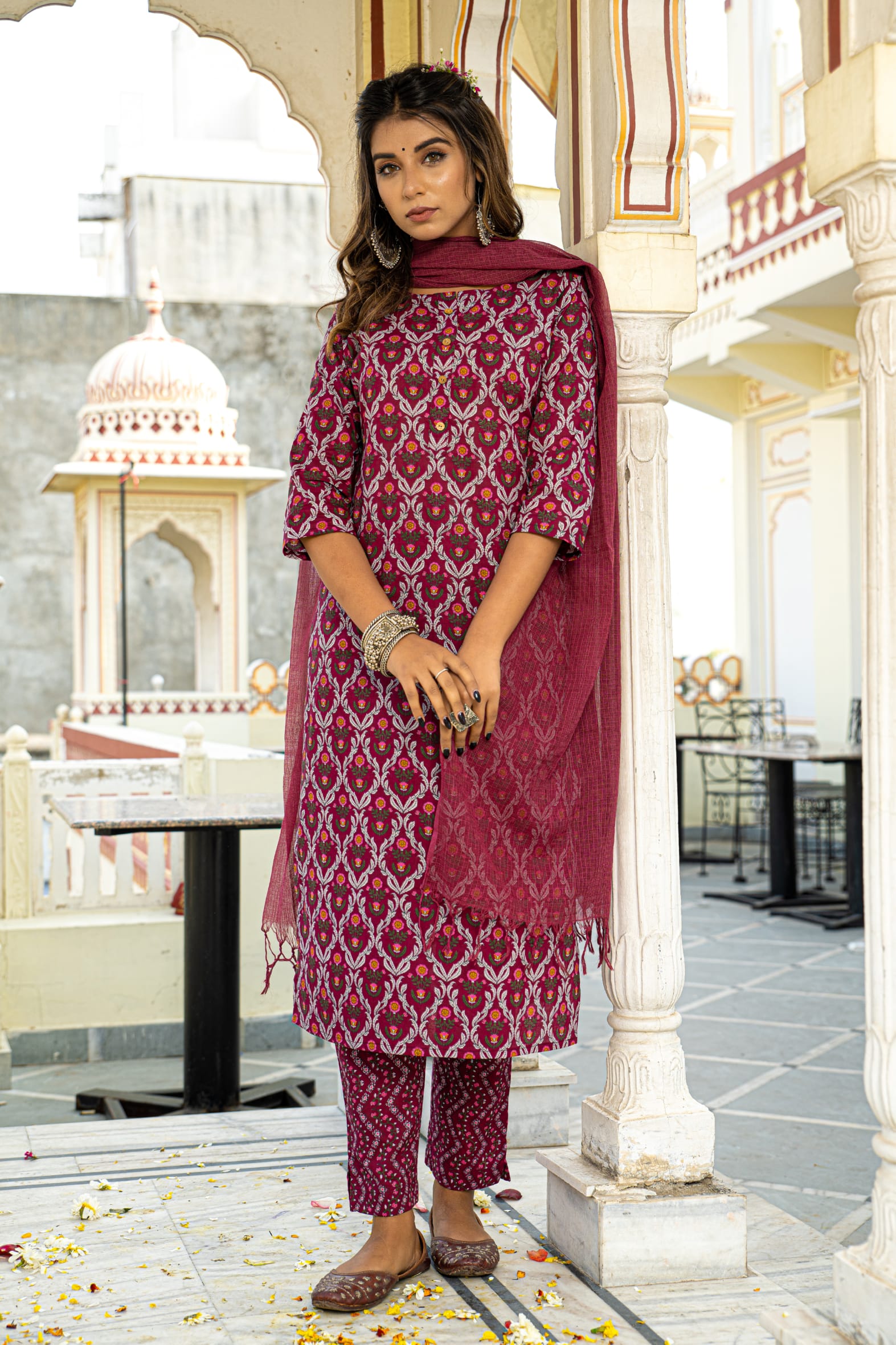 Burgundy Cotton Kurta Pant & Kota Doria Dupatta Set