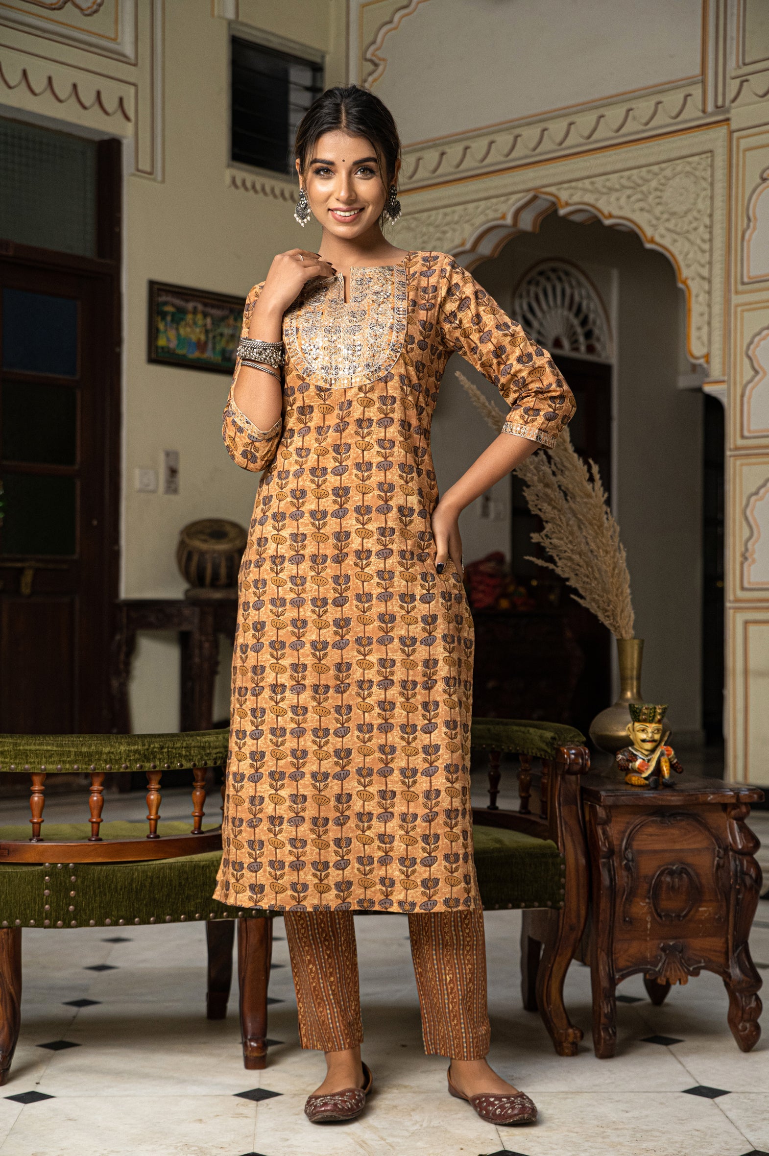 Beige Hand Block Printed Cotton Kurta Pants Set