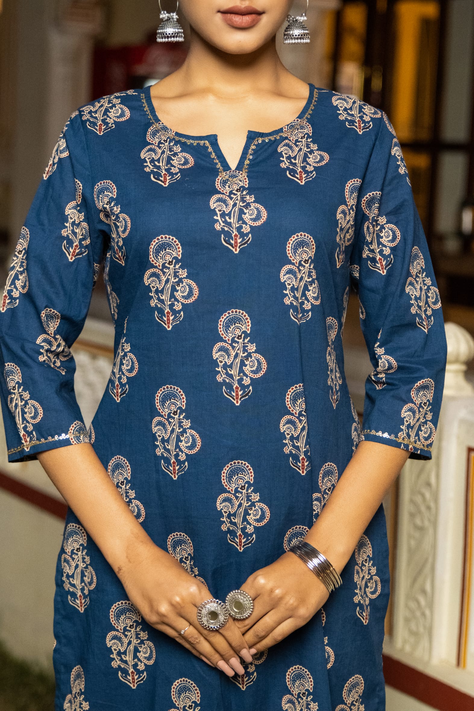 Rich Indigo Hand Block Printed Cotton Kurta Pants Set