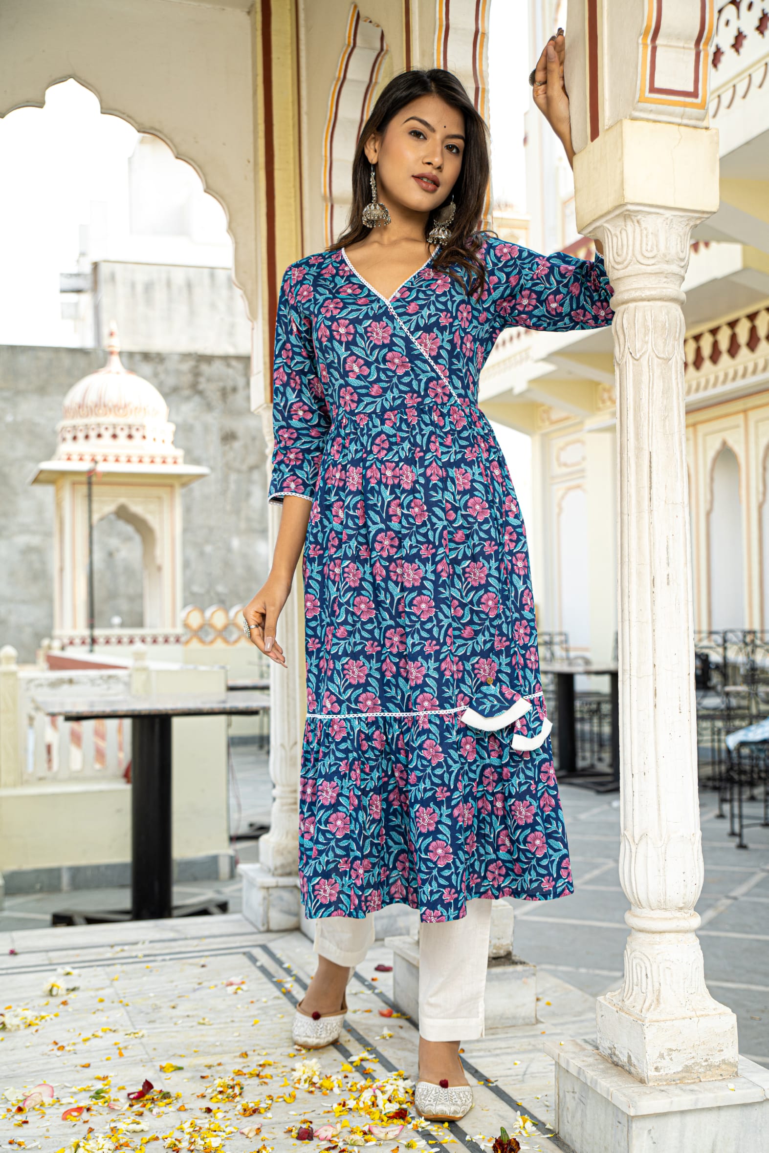 Traditional Blue Printed Cotton Angrakha Kurta White Pants