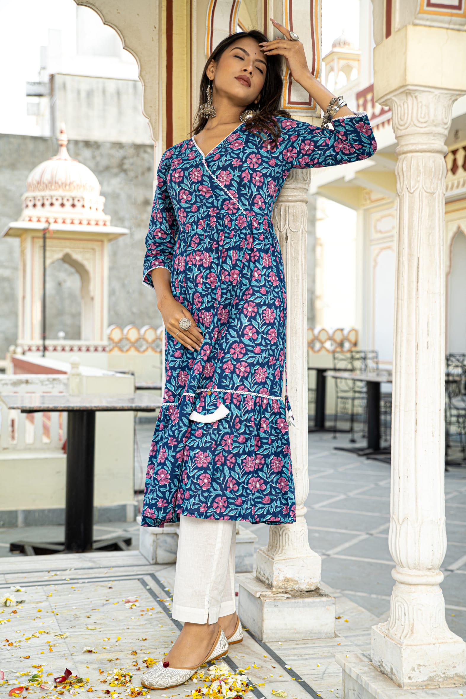 Traditional Blue Printed Cotton Angrakha Kurta White Pants